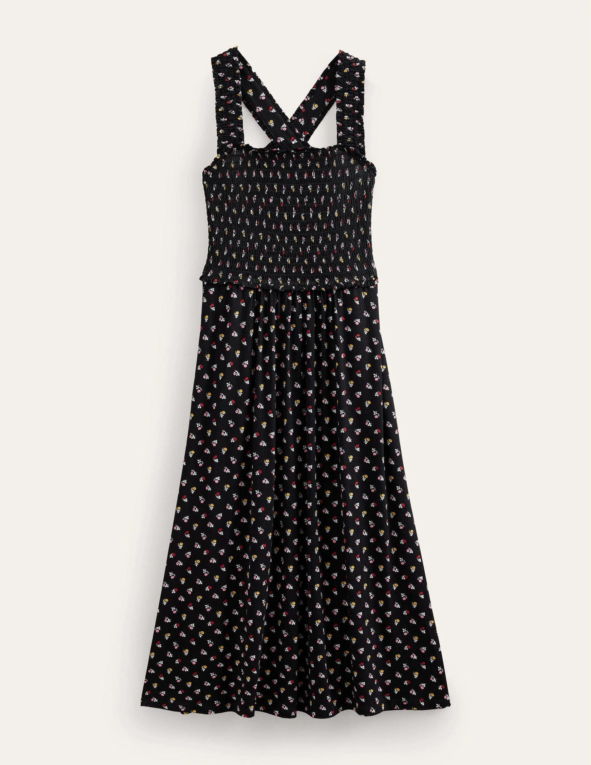 Jersey-Midikleid mit überkreuzten Rückenträgern-Schwarz, Gänseblümchen - Image 5
