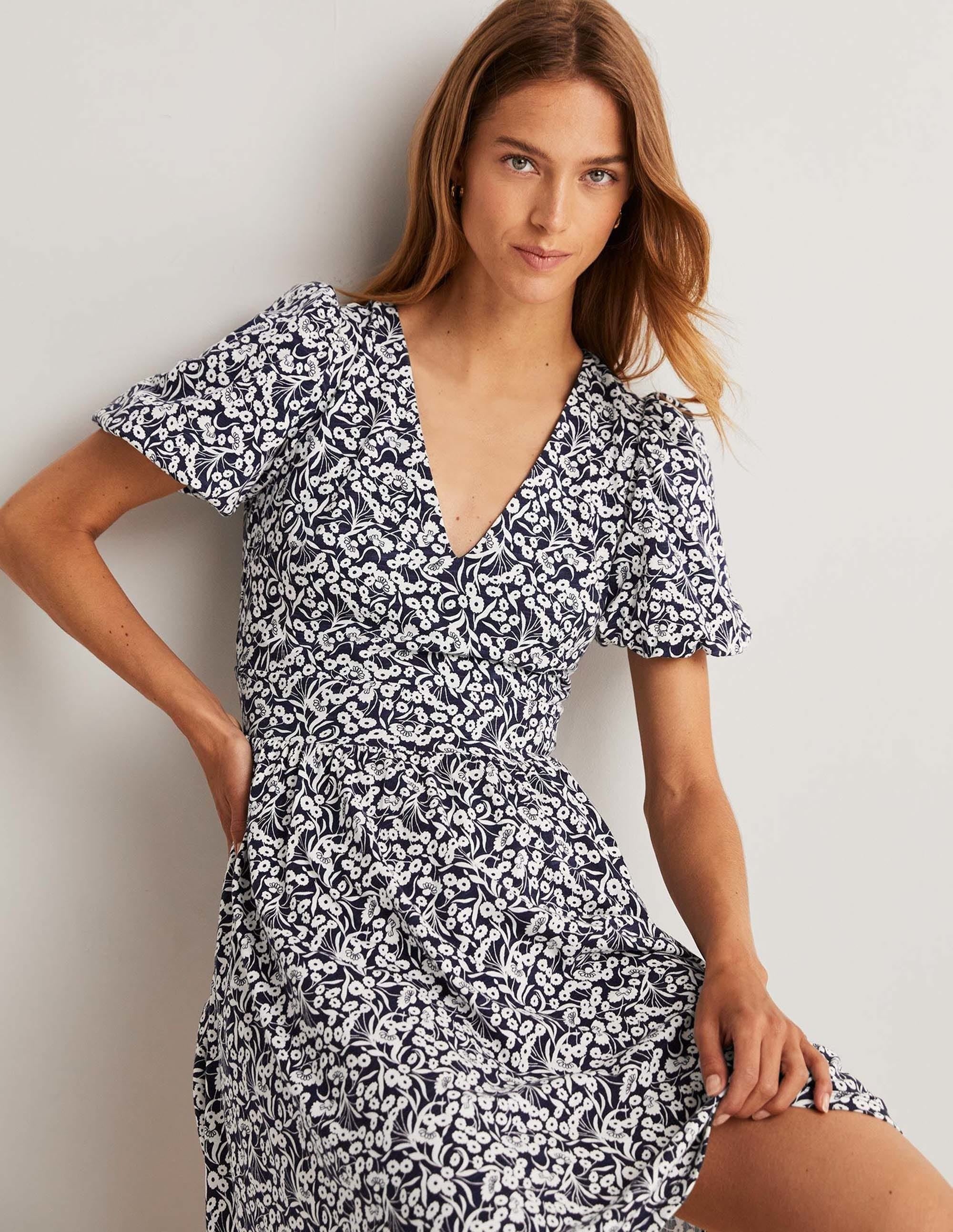 Jersey-Minikleid mit Rückendetail-Navy, Knospen - Image 4