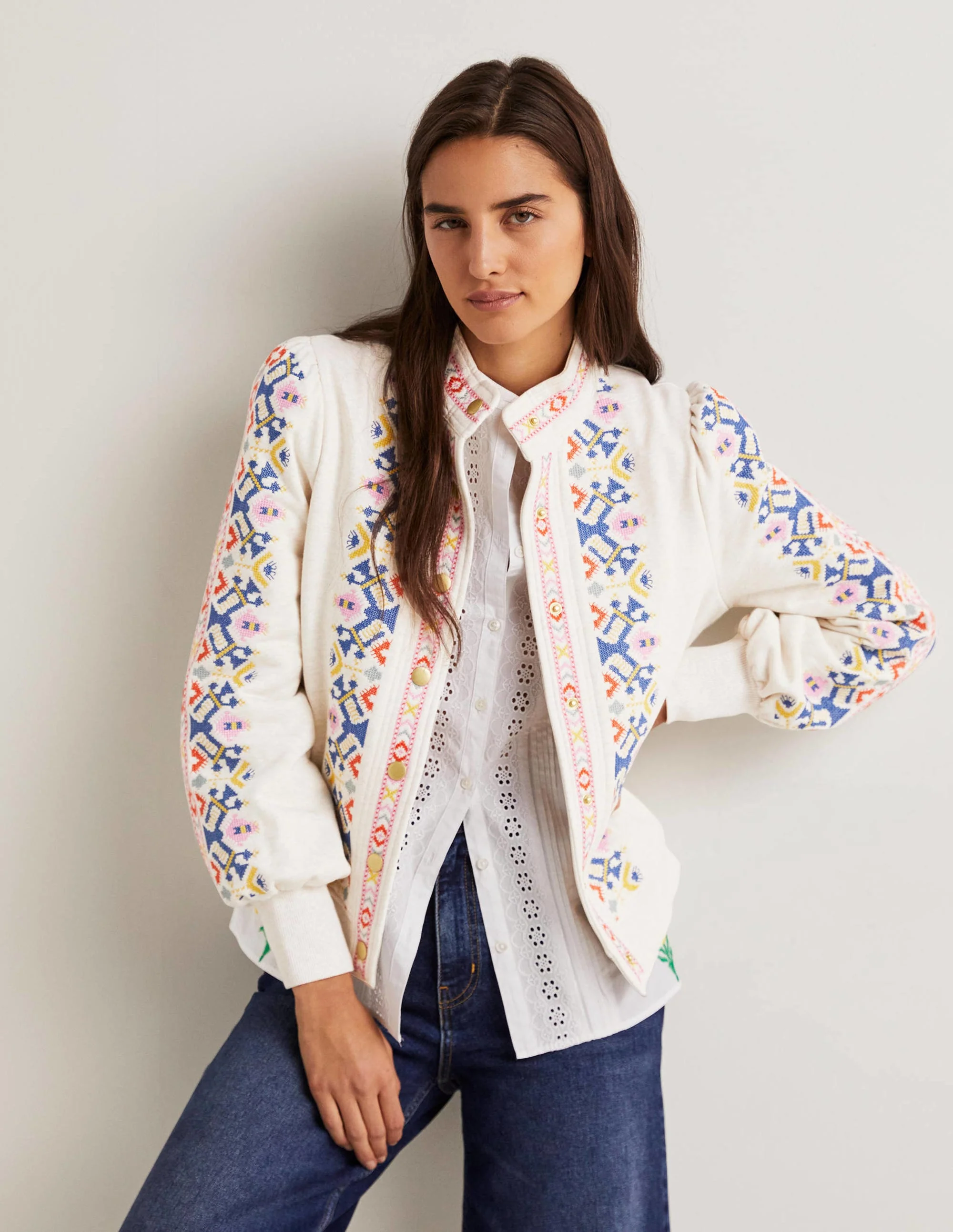 Jerseyjacke mit Stickerei-Hellbeige Meliert, Stickerei