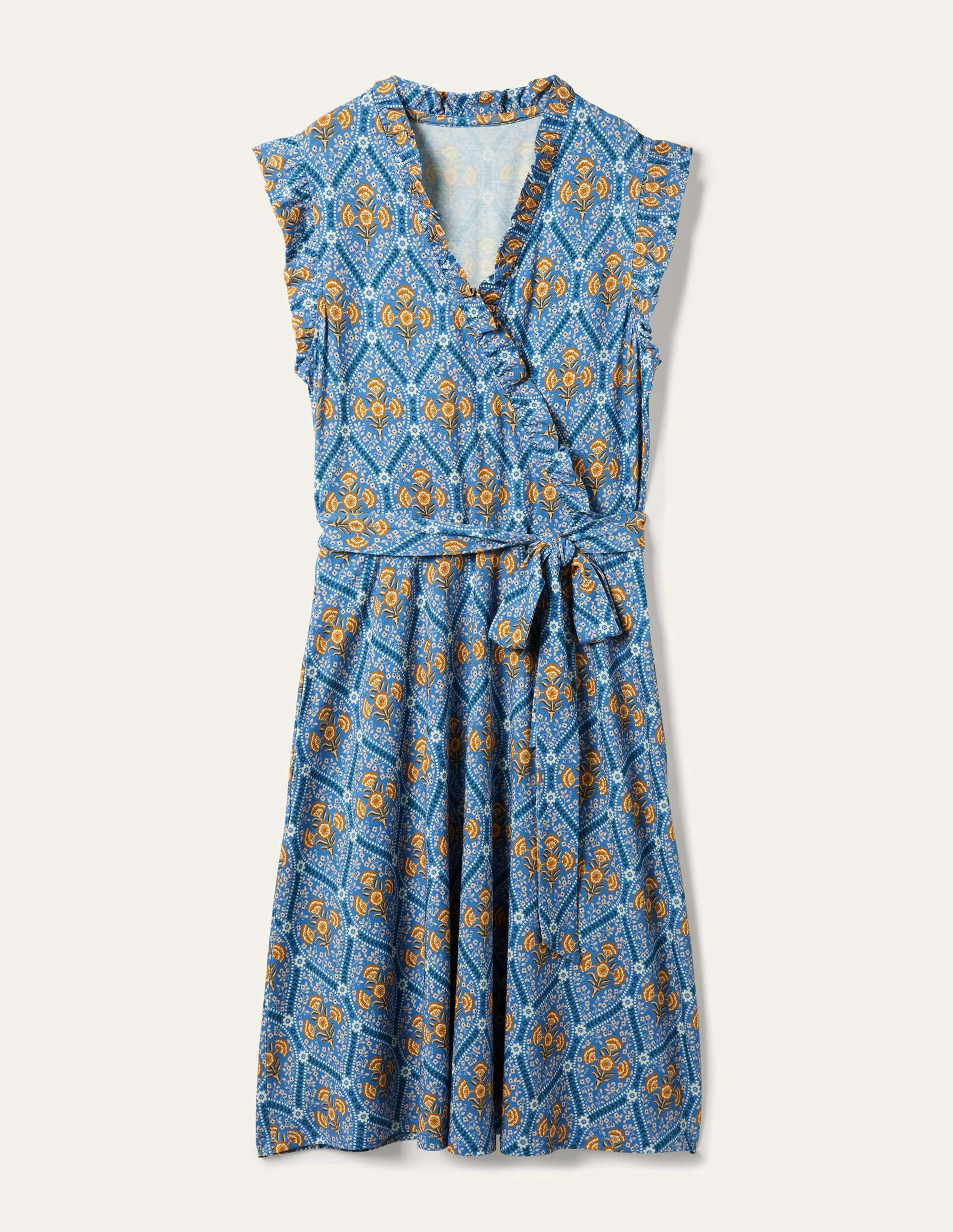 Jerseykleid mit fixierter Wickeloptik und Rüschen-Mosaikblau, Mohnblumen - Image 5