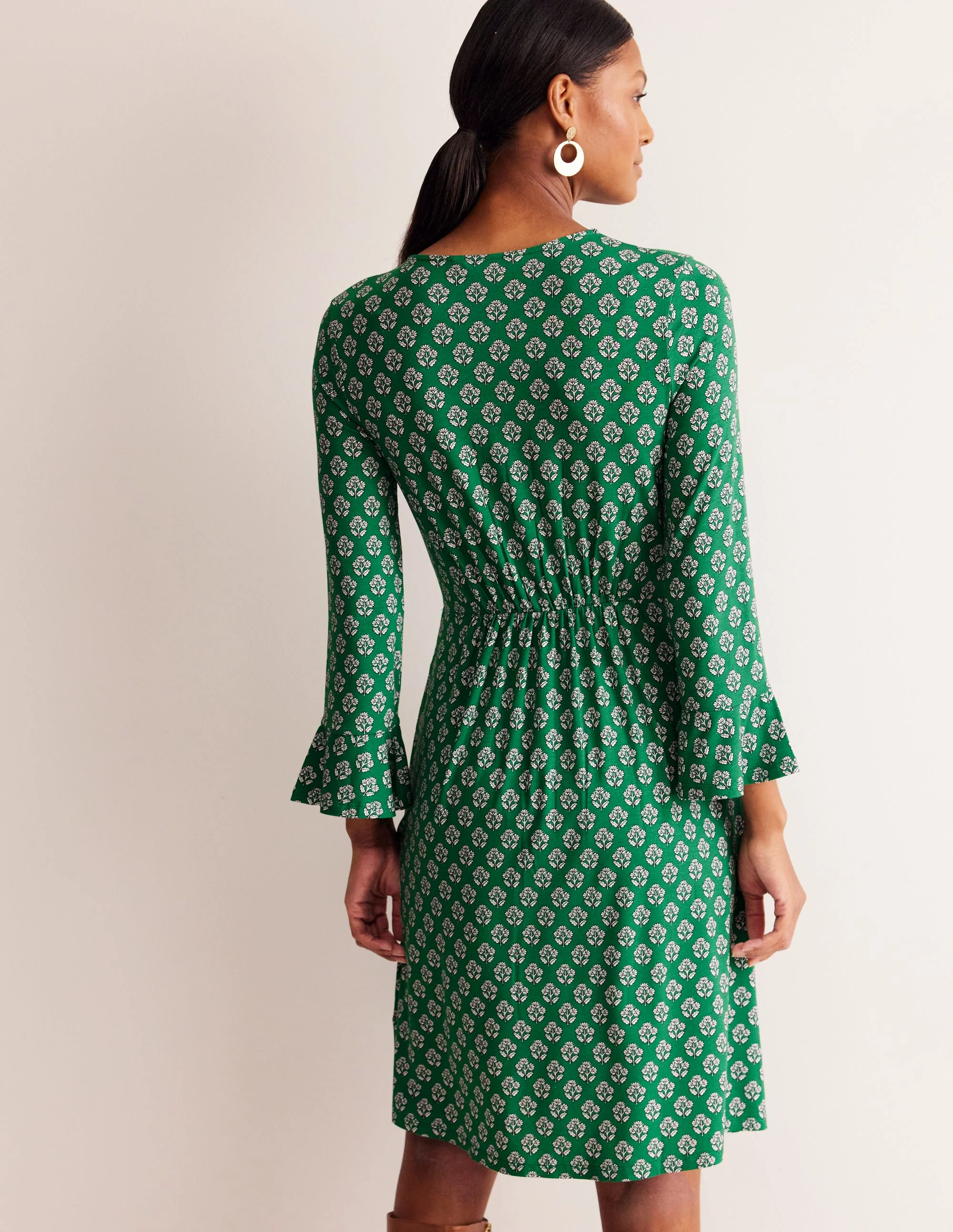Jerseykleid mit Trompetenärmeln-Smaragdgrün, Obststempel - Image 3