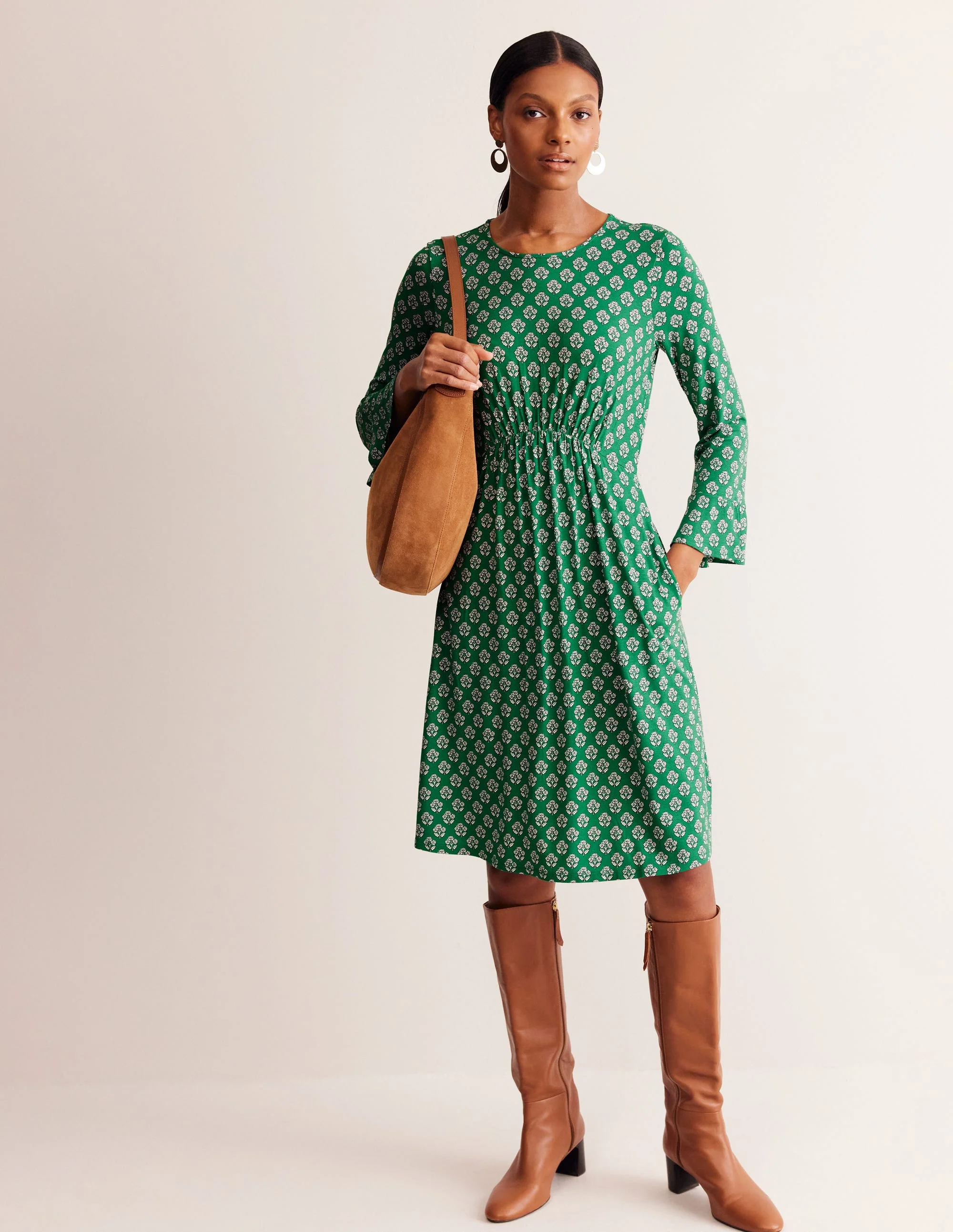 Jerseykleid mit Trompetenärmeln-Smaragdgrün, Obststempel - Image 4