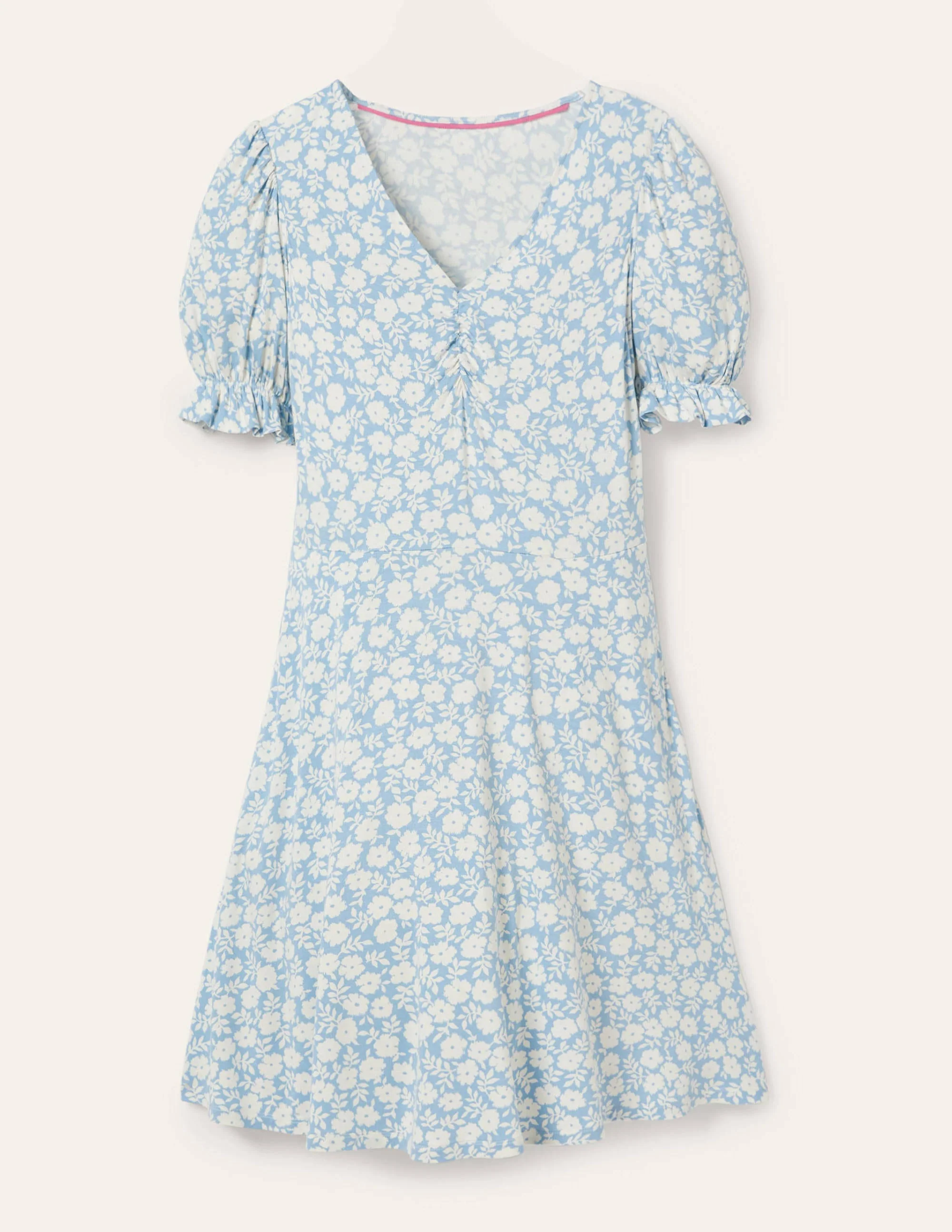 Jerseykleid mit V-Ausschnitt-Graublau, Kleines Prärie-Blumenmuster - Image 5