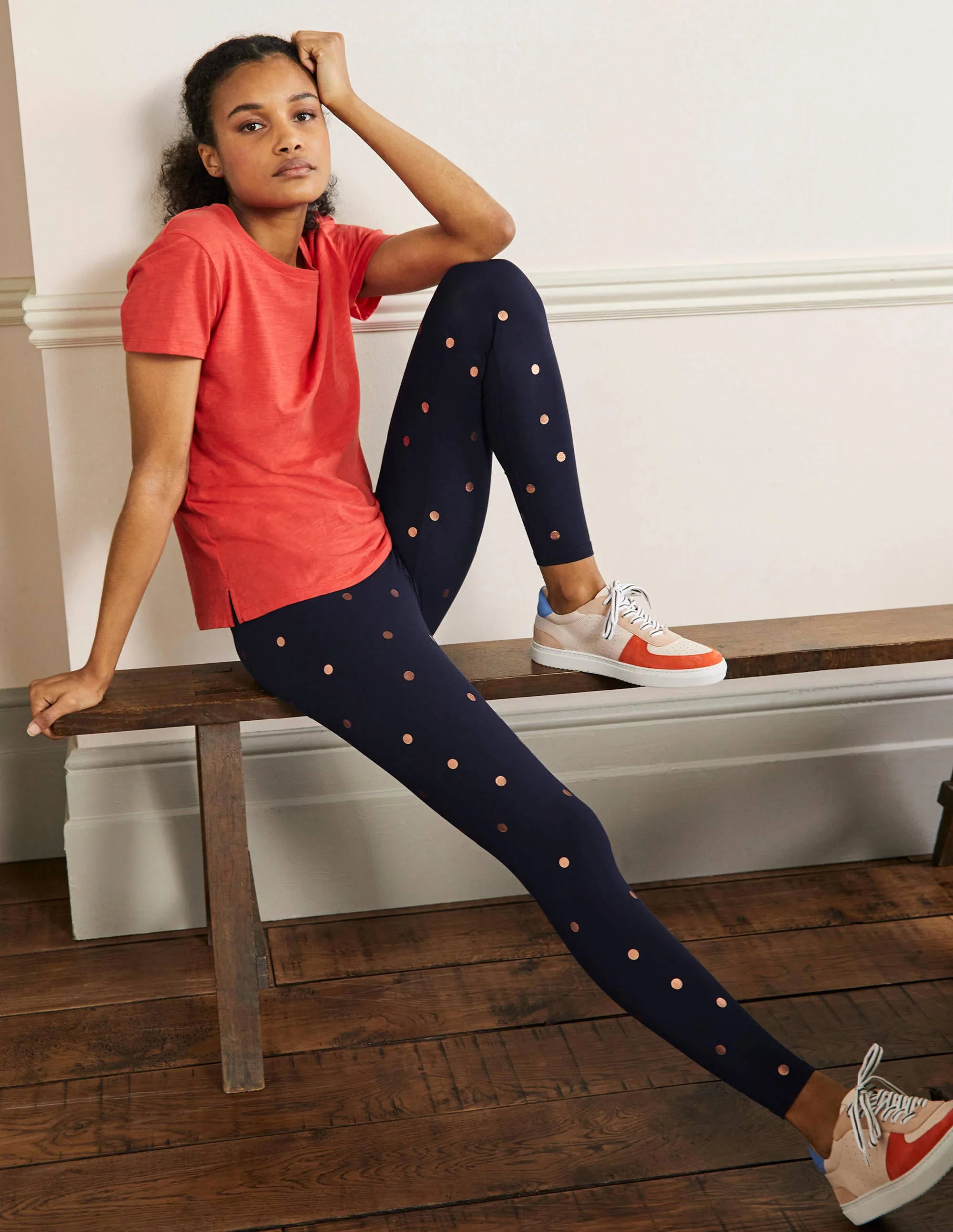 Jerseyleggings mit hoher Taille-Navy/Gold, Polka-Tupfen