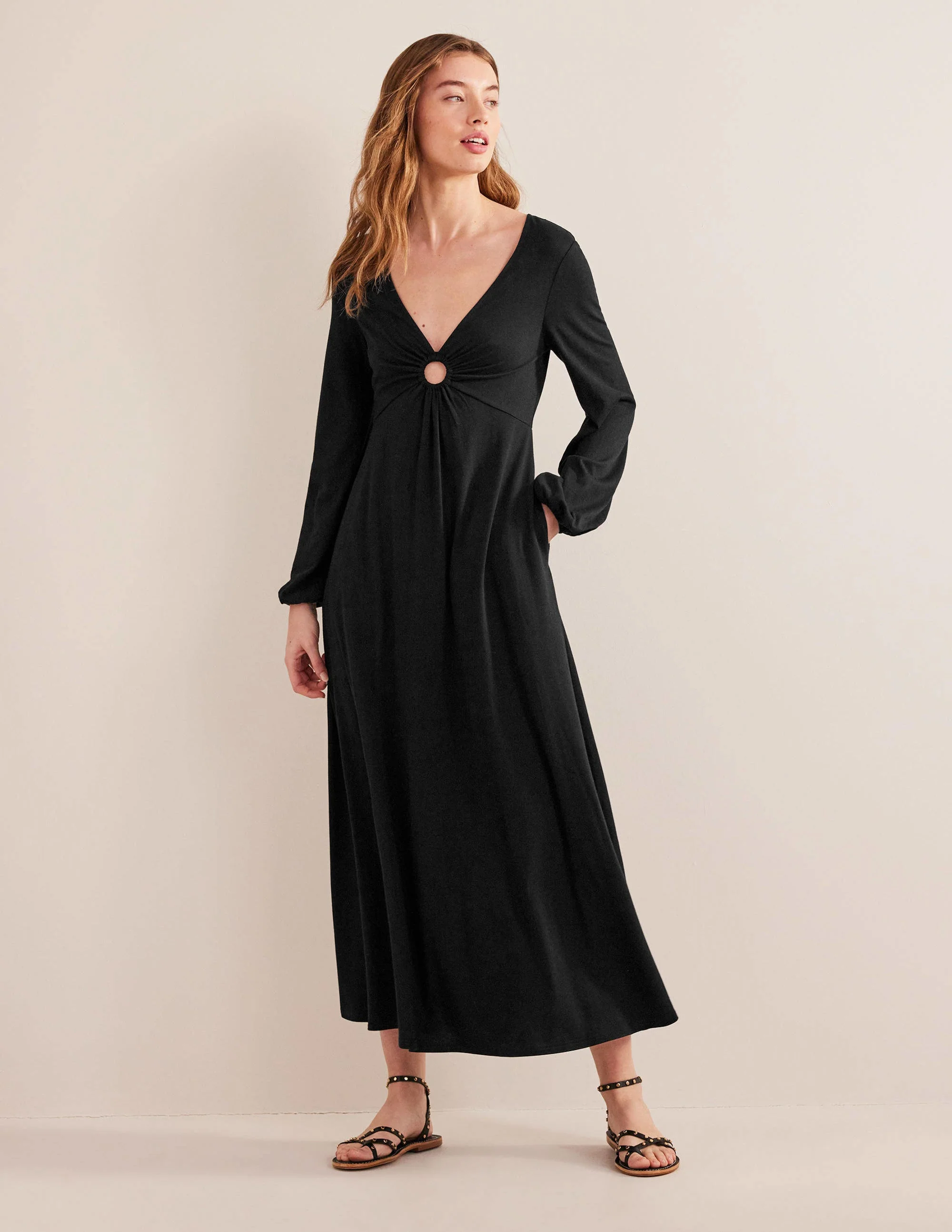 Jerseymaxikleid mit Schlüssellochausschnitt-Schwarz