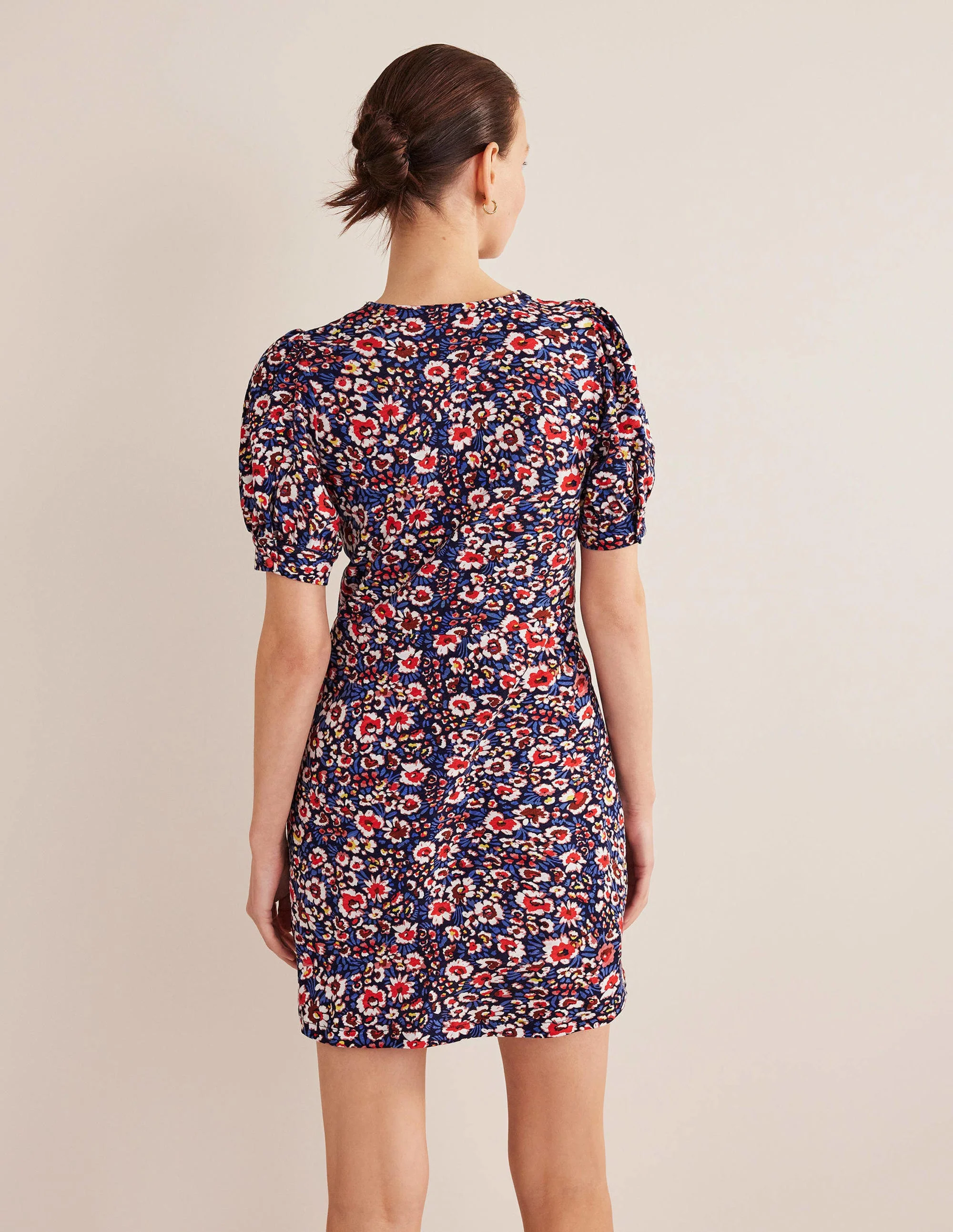 Jerseyminikleid mit V-Ausschnitt-Französisches Marineblau, Paradiesblüten - Image 3