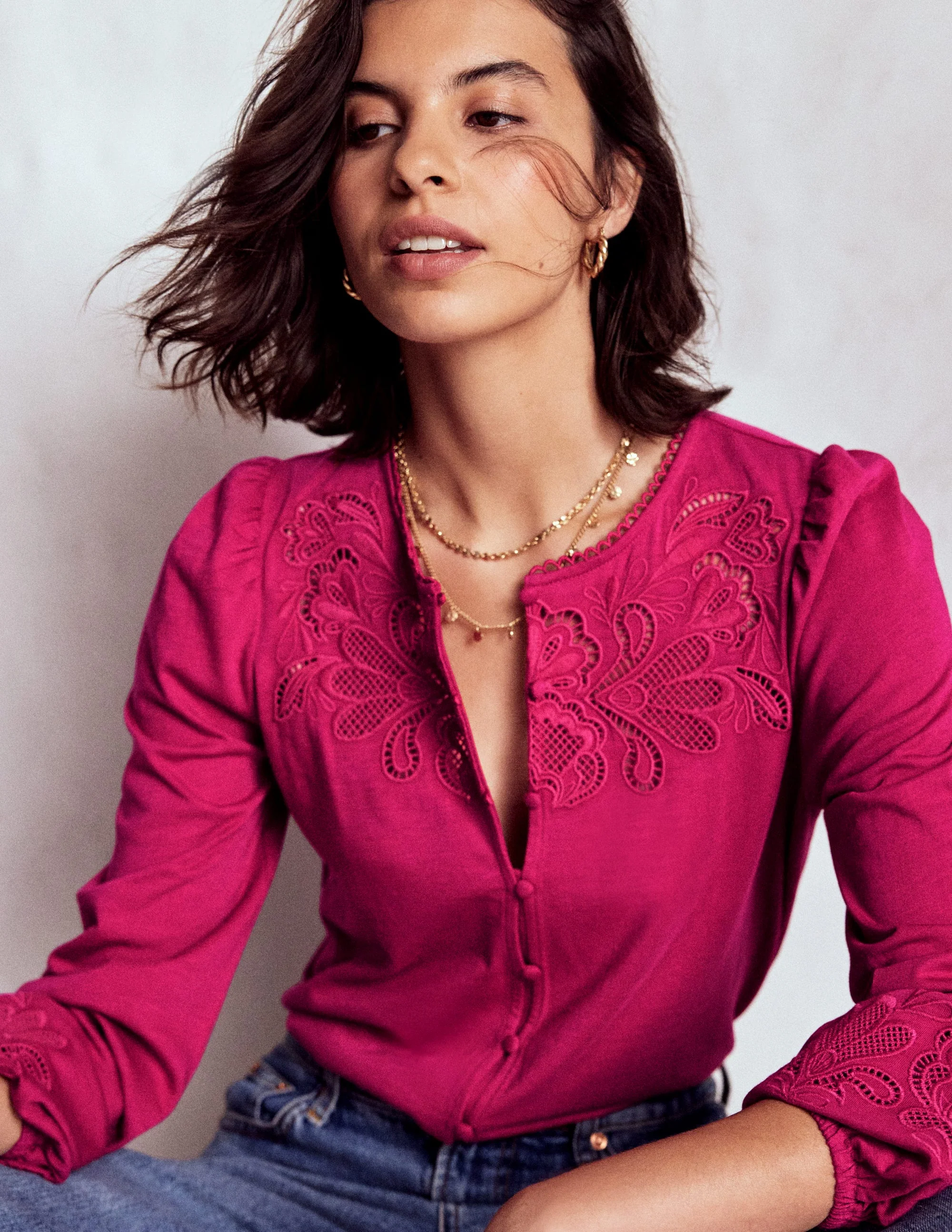 Jerseyoberteil mit Cutwork-Detail-Kräftiges Rosa
