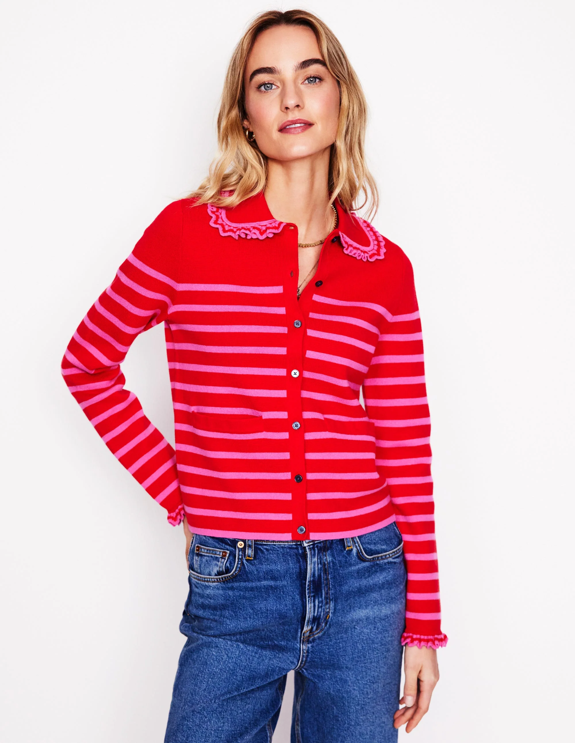 Jessie Strickjacke mit Kragen und Rüschen-Mohnblumenrot, Sorbet-Rosa Streifen - Image 4