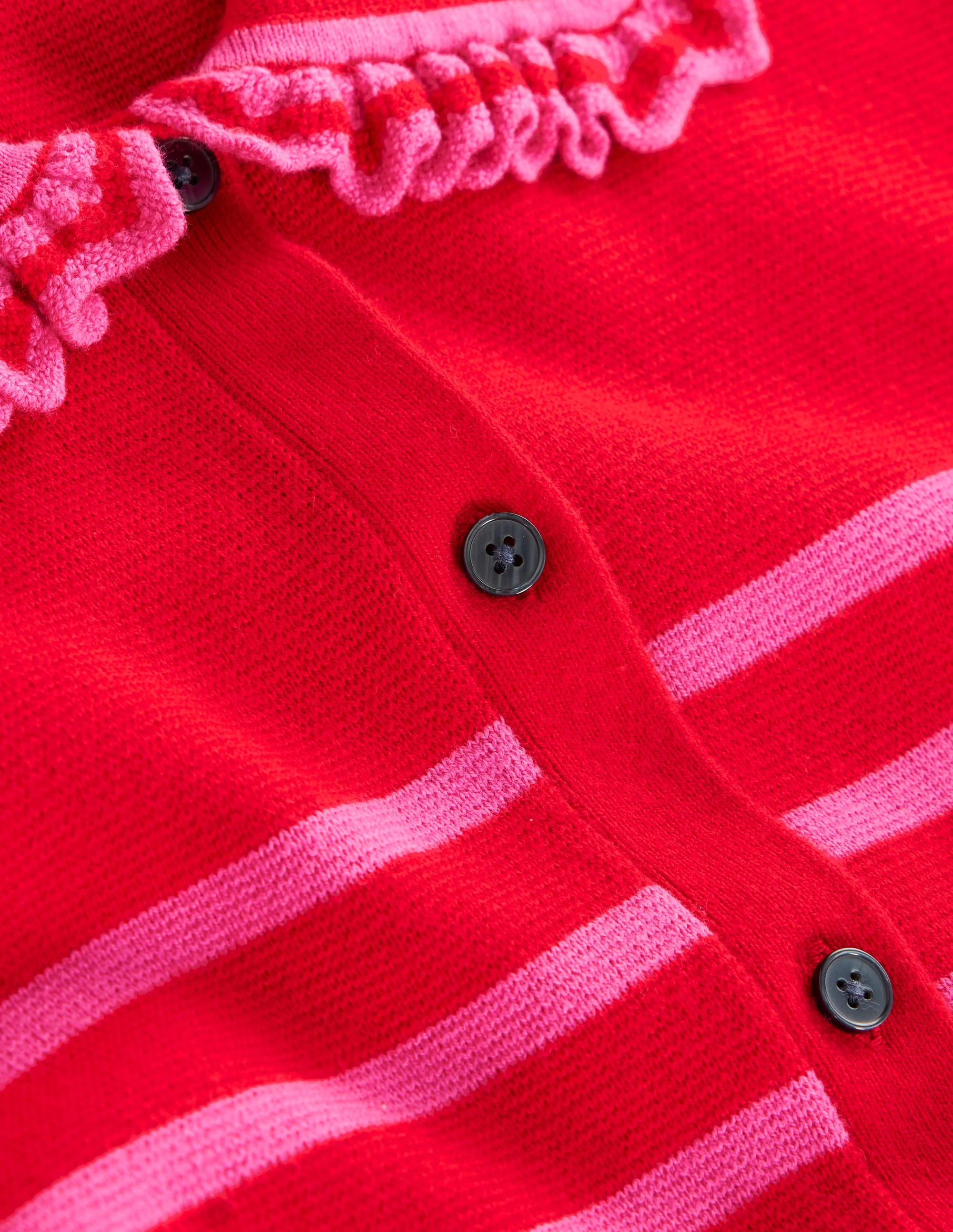 Jessie Strickjacke mit Kragen und Rüschen-Mohnblumenrot, Sorbet-Rosa Streifen - Image 7
