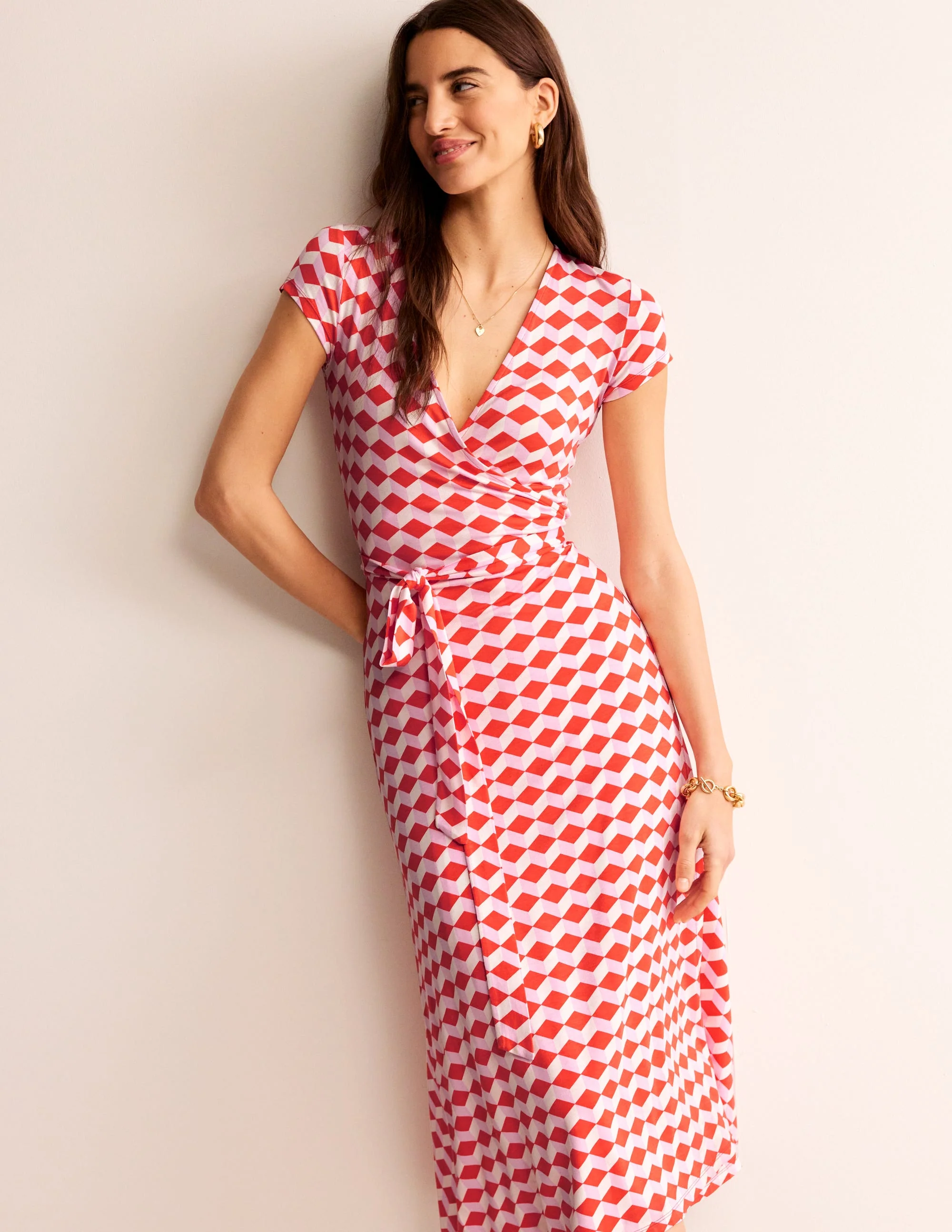 Joanna Wickelkleid mit Flügelärmeln-Rot, Diamant-Würfel - Image 4
