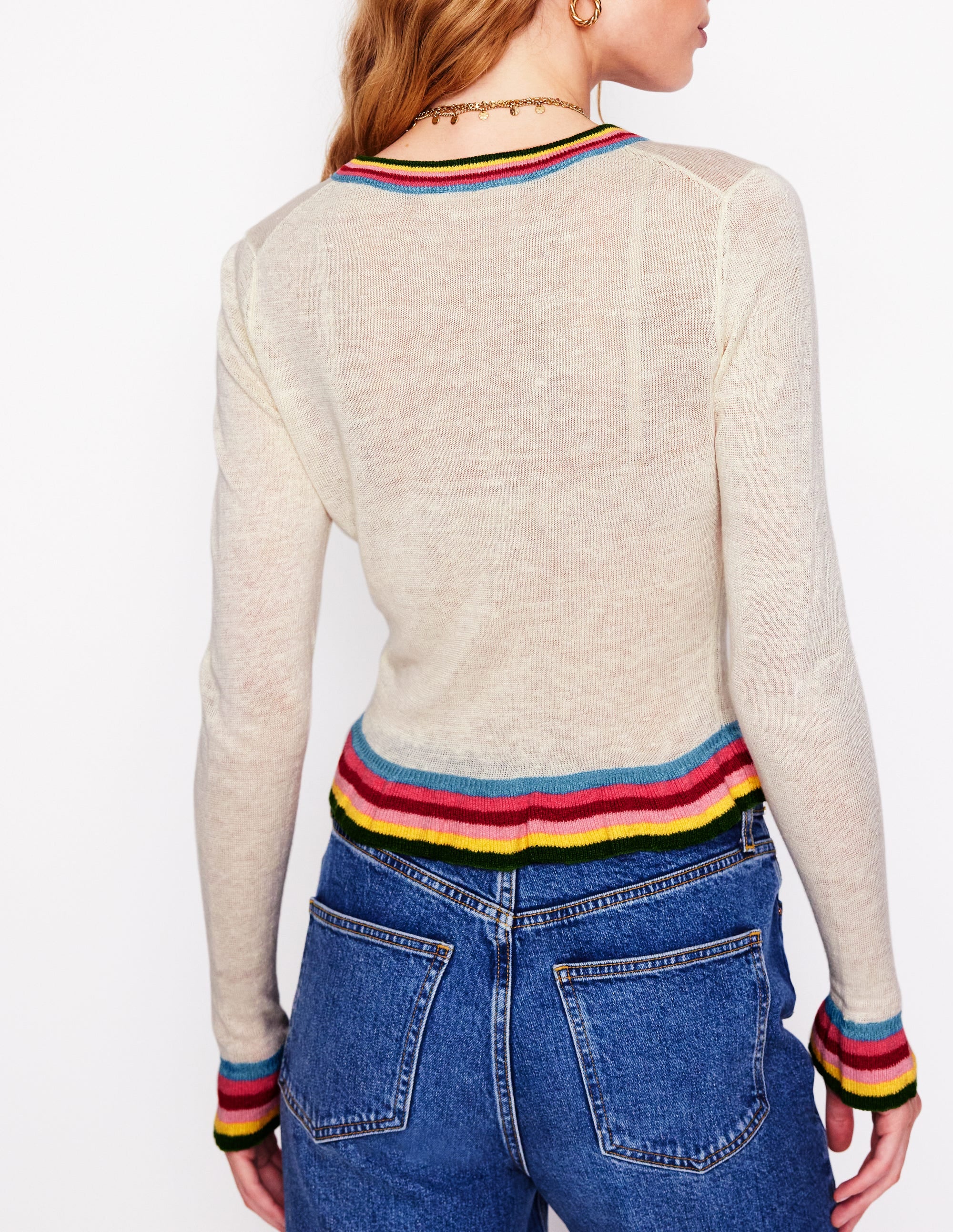 Josie Verkürzte Leinen-Strickjacke-Warmes Naturweiß, Bunt Streifen - Image 3