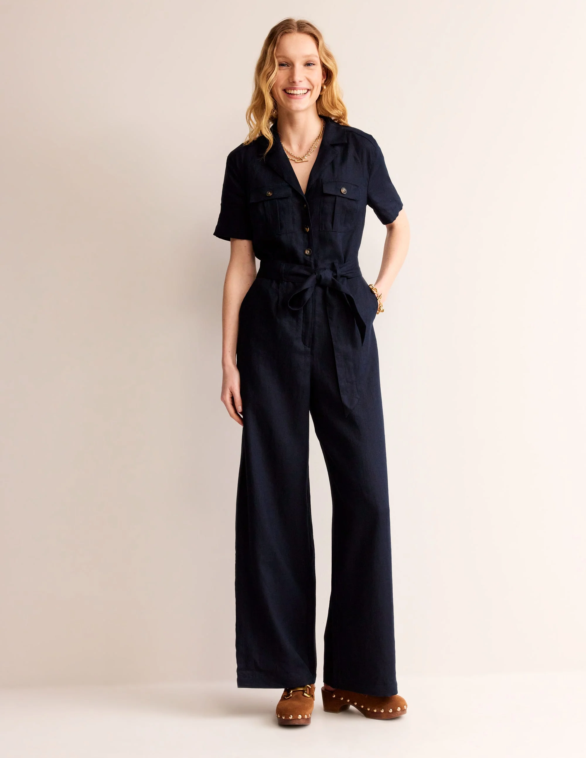 Jumpsuit aus Leinen mit Gürtel-Marineblau - Image 2