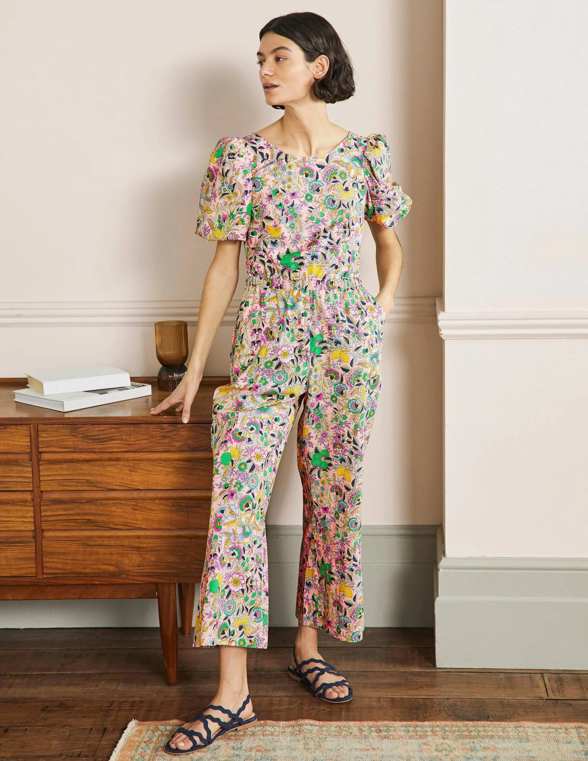 Jumpsuit mit Rückenausschnitt-Rosa, Tropische Wiese