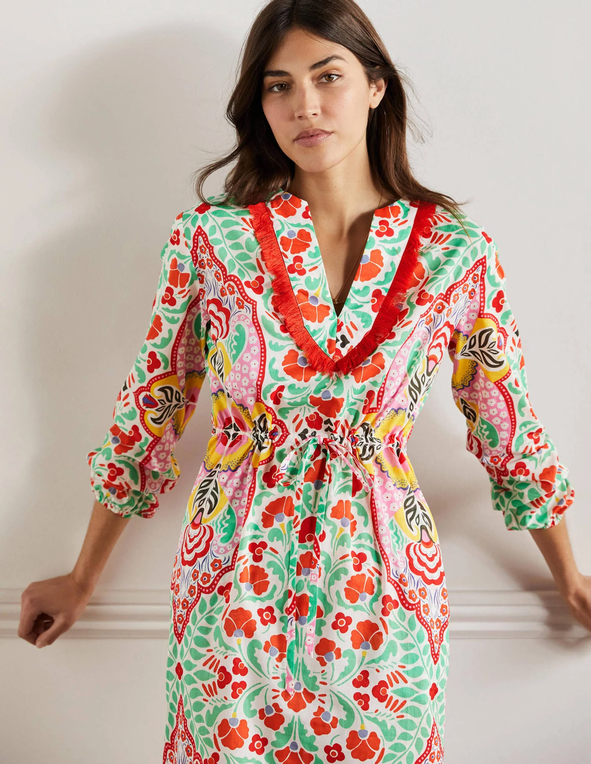 Kaftan-Maxikleid mit Bortendetail-Kräftiges Papayaorange, Zarte Knospen - Image 4