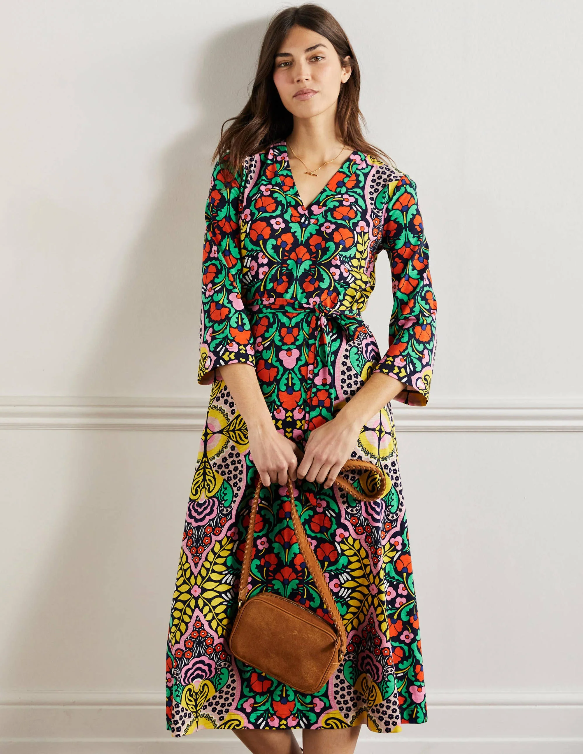 Kaftan-Midikleid aus Jersey-Navy, Blumenmuster