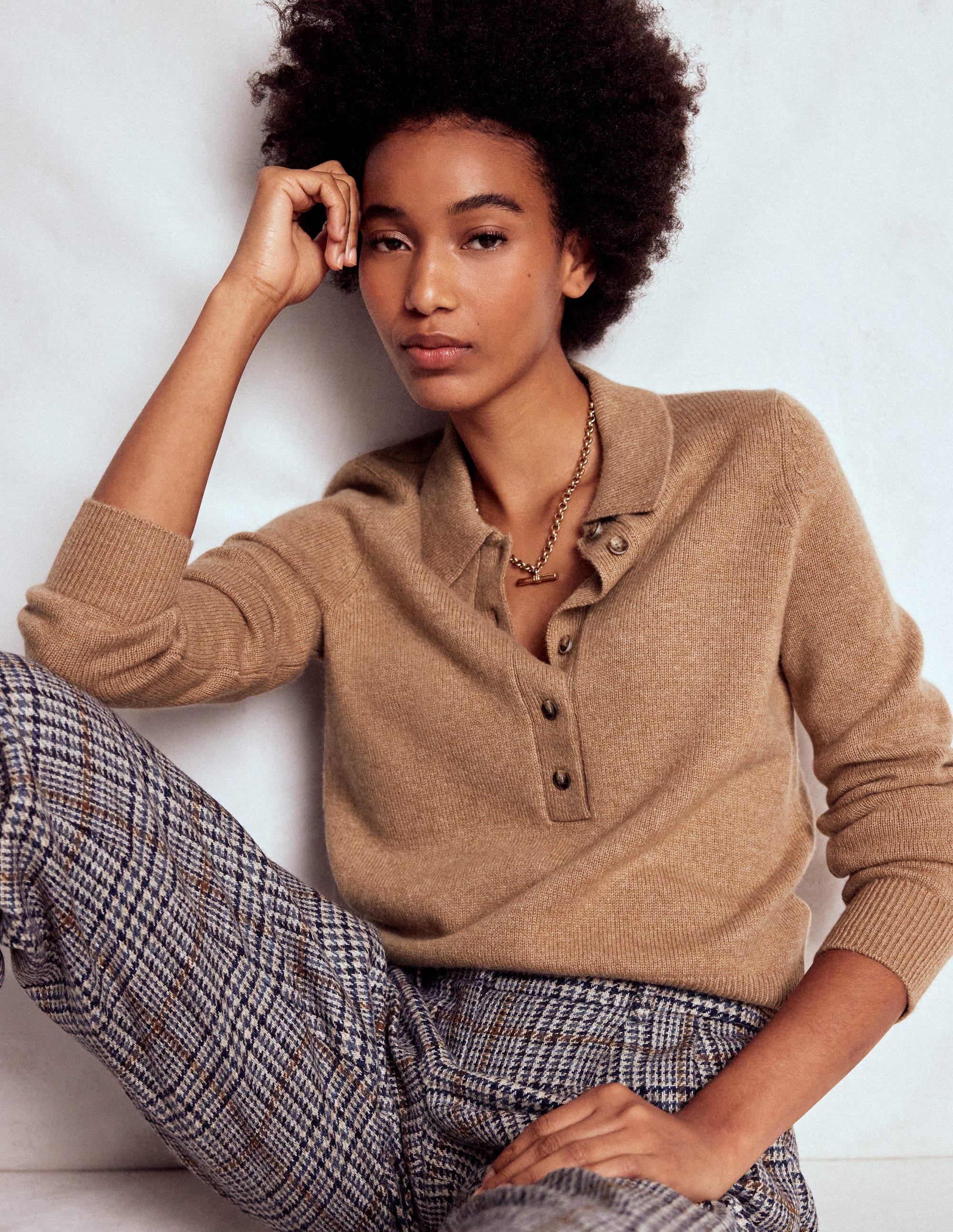 Kaschmirpullover mit Kragen-Camel Meliert - Image 4