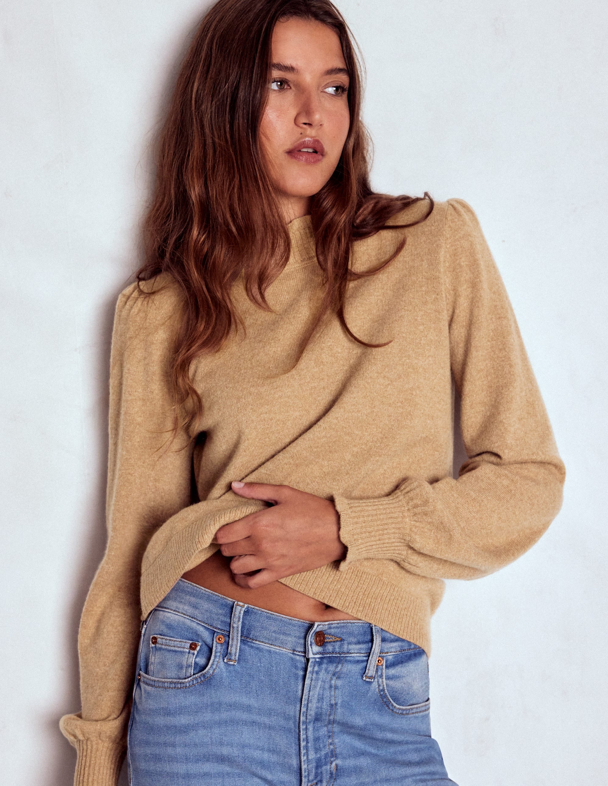 Kaschmirpullover mit Rüschenbesatz-Camel Meliert