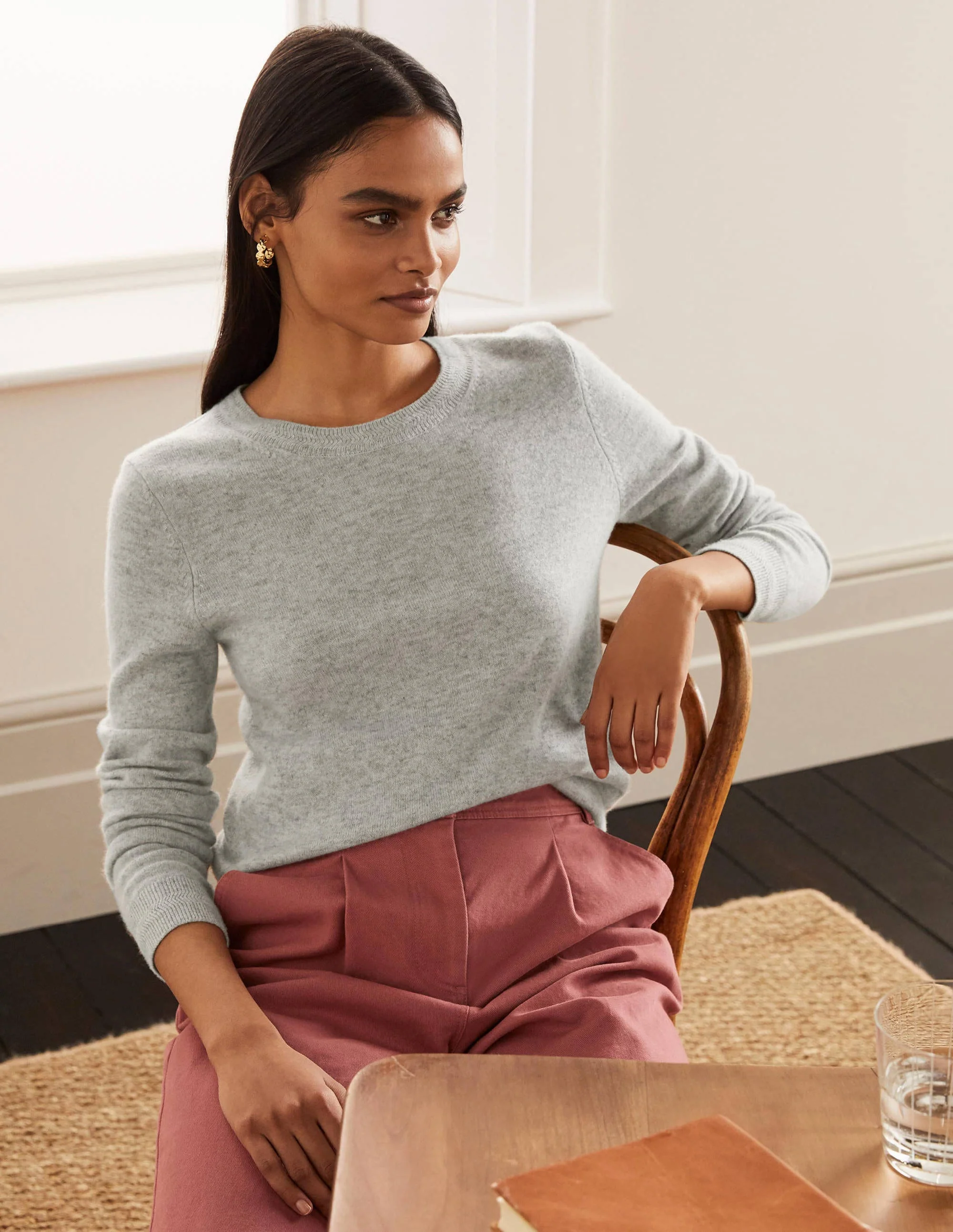 Kaschmirpullover mit Rundhalsausschnitt-Grau Melange