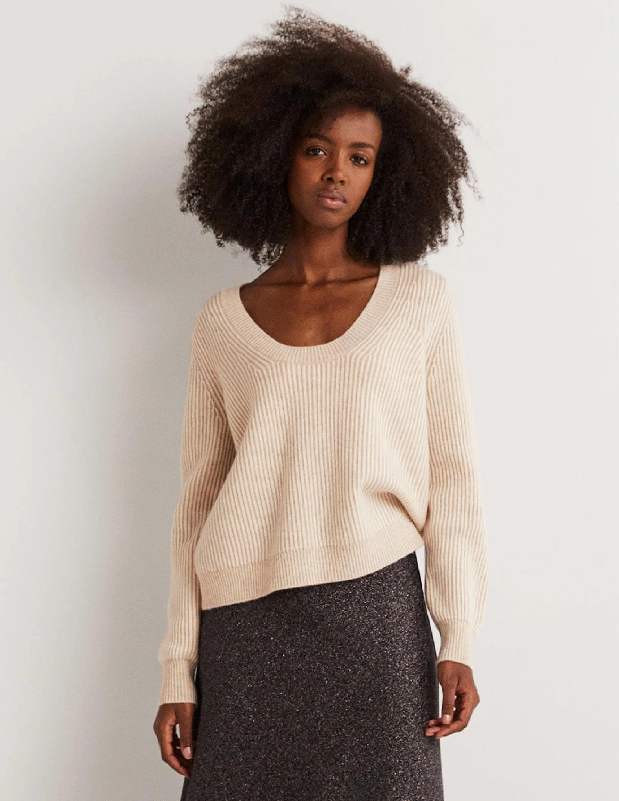 Kaschmirpullover mit Rundhalsausschnitt-Hellbeige Melange/Naturweiß