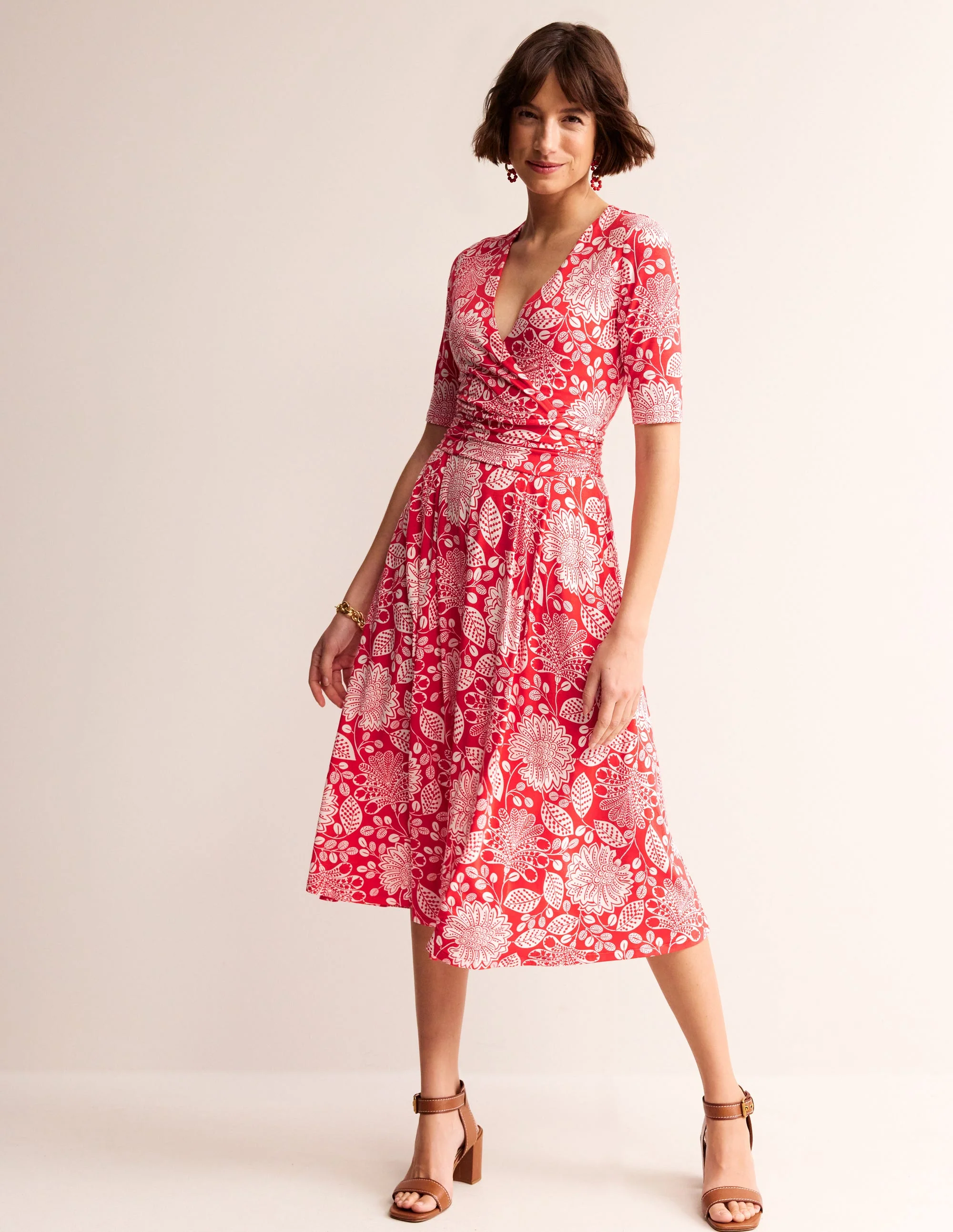 Kassidy Midi-Teekleid aus Jersey-Mohnblumenrot, Gardenia Swirl - Image 2