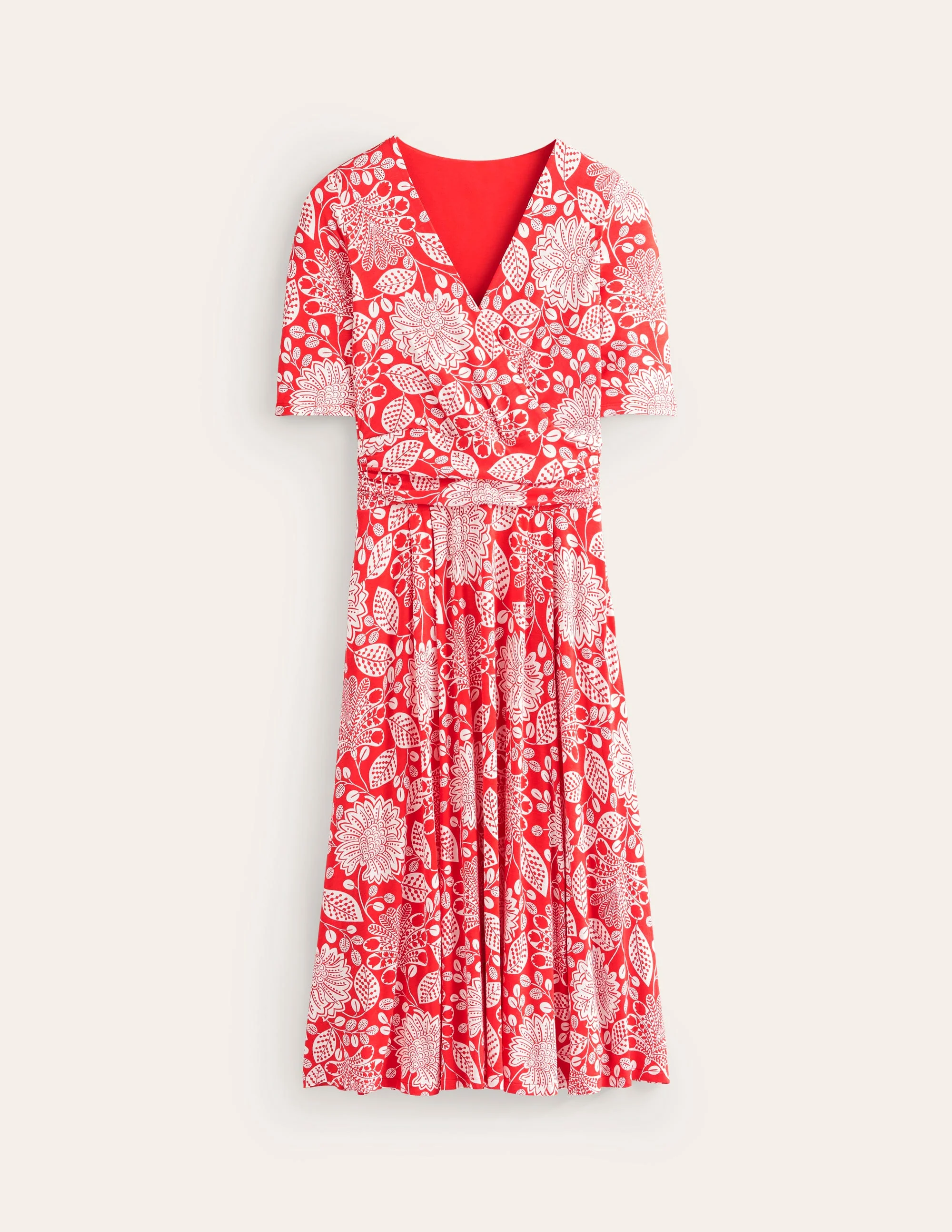 Kassidy Midi-Teekleid aus Jersey-Mohnblumenrot, Gardenia Swirl - Image 5