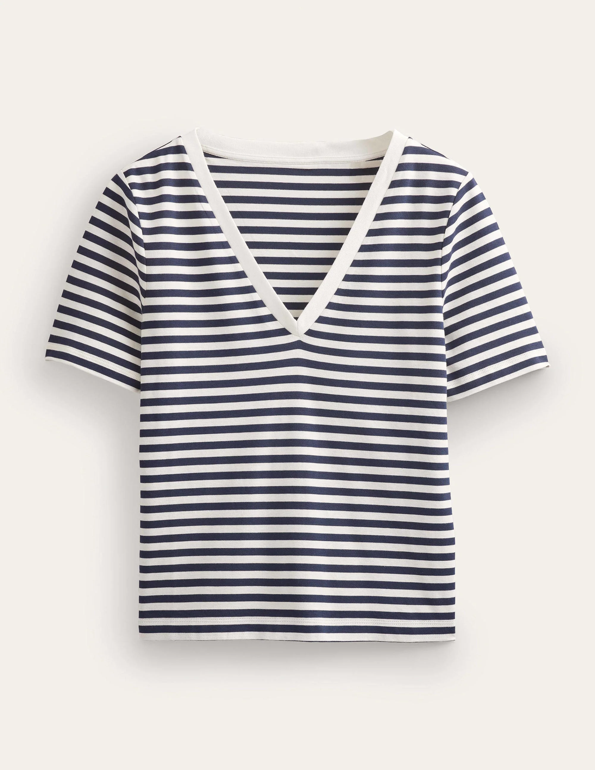 Kastenförmiges T-Shirt mit V-Ausschnitt-Naturweiß/Marineblau, Gestreift - Image 5