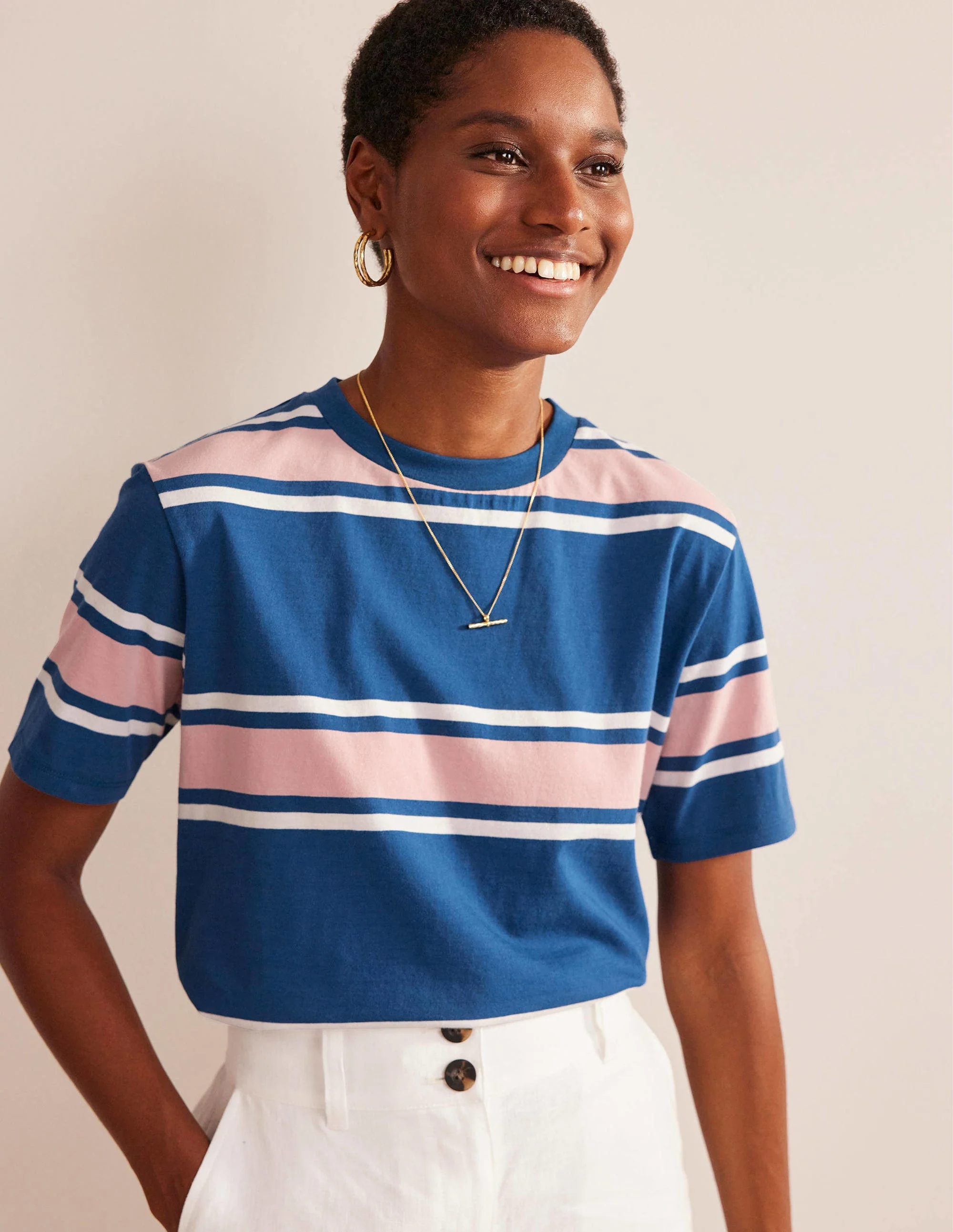 Kastiges T-Shirt mit Streifen-Saphirblau/Zartes Rosa, Gestreift