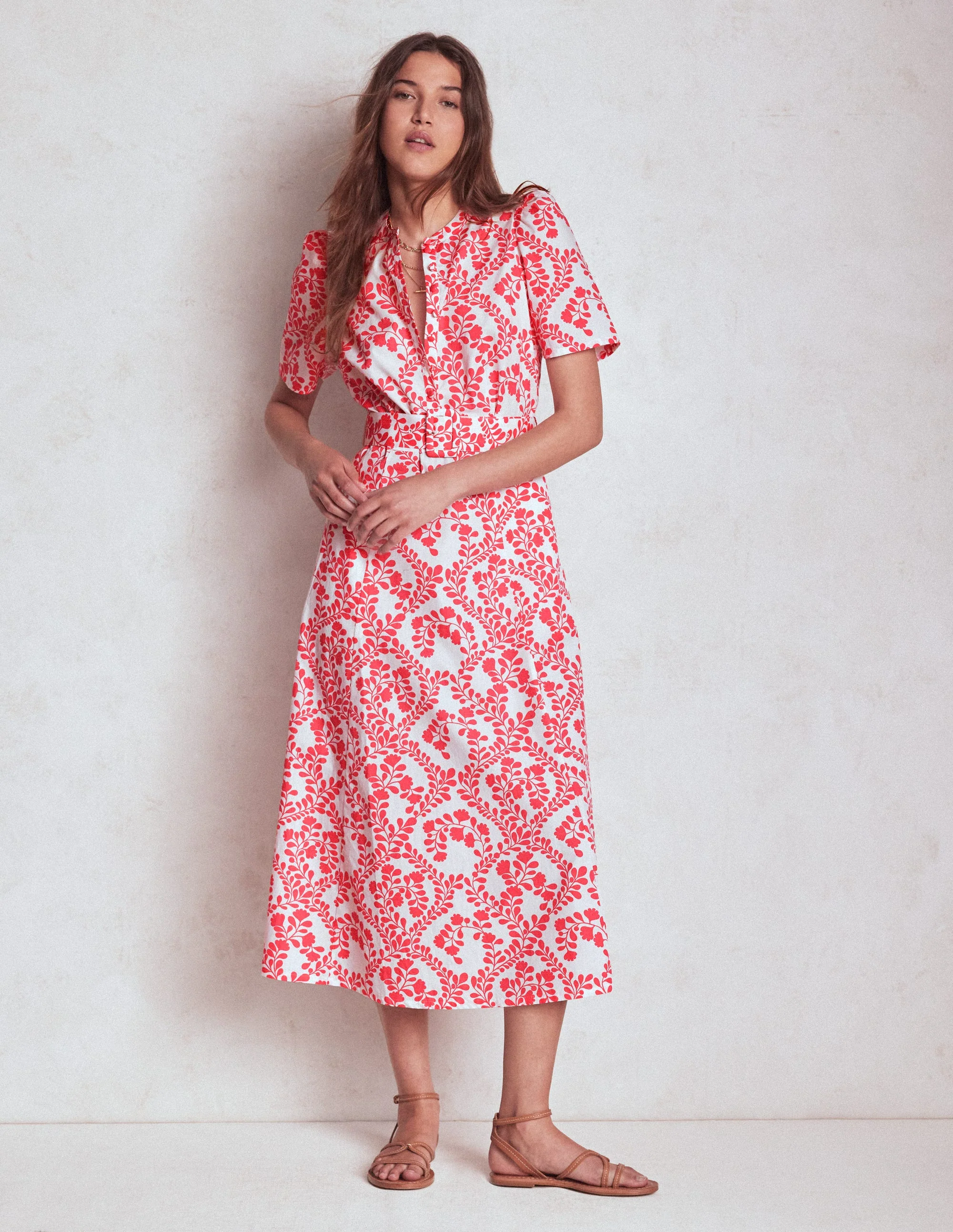 Kate Kleid mit Puffärmeln und Gürtel-Elfenbein, Reben-Silhouette