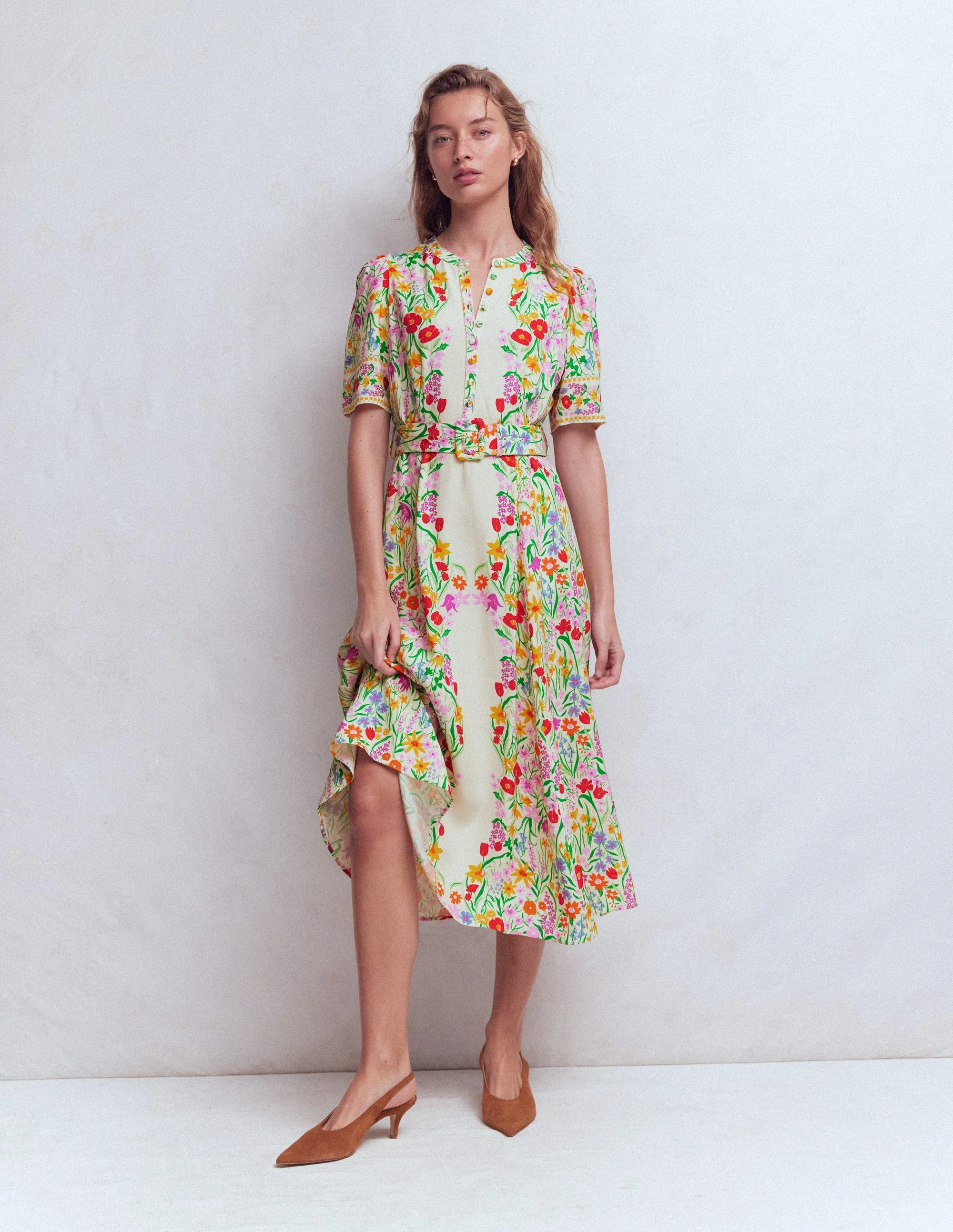 Kate Kleid mit Puffärmeln und Gürtel-Naturweiß, Eleganter Garten - Image 4