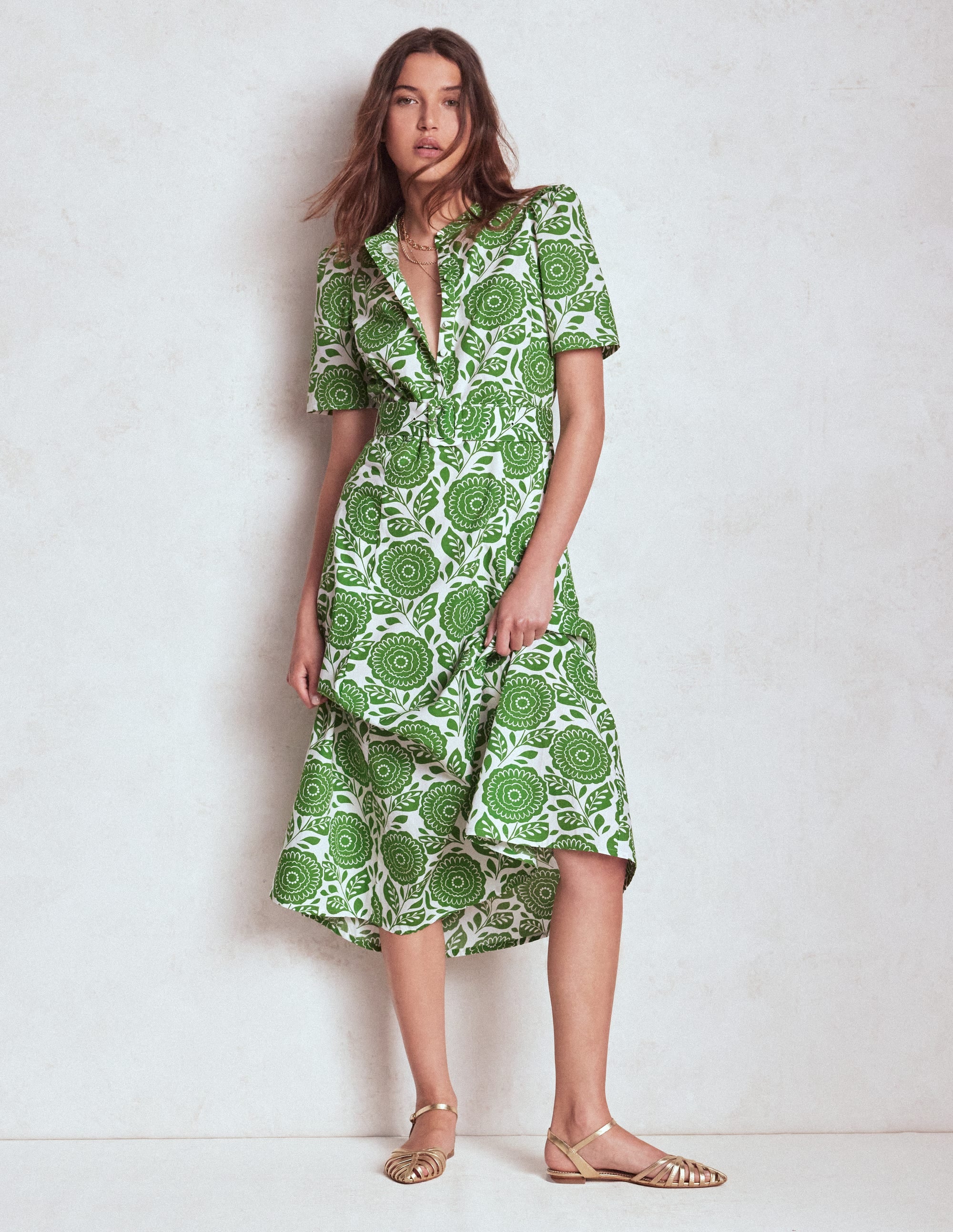 Kate Kleid mit Puffärmeln und Gürtel-Paradiesgrün, Dahlienstempel - Image 3