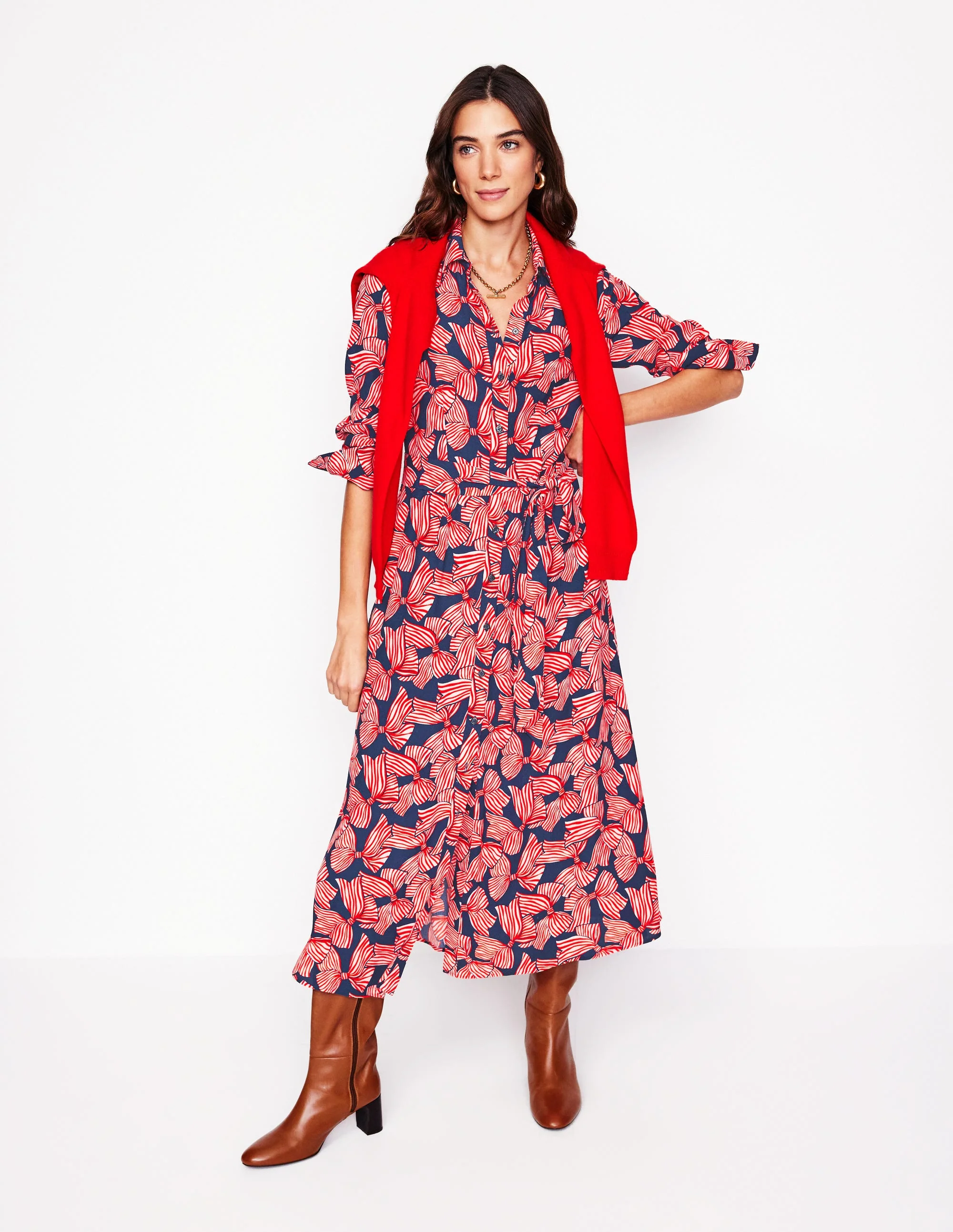 Kate Midi-Hemdblusenkleid-Französisches Marineblau, Großflächiges Schleifenmuster - Image 4