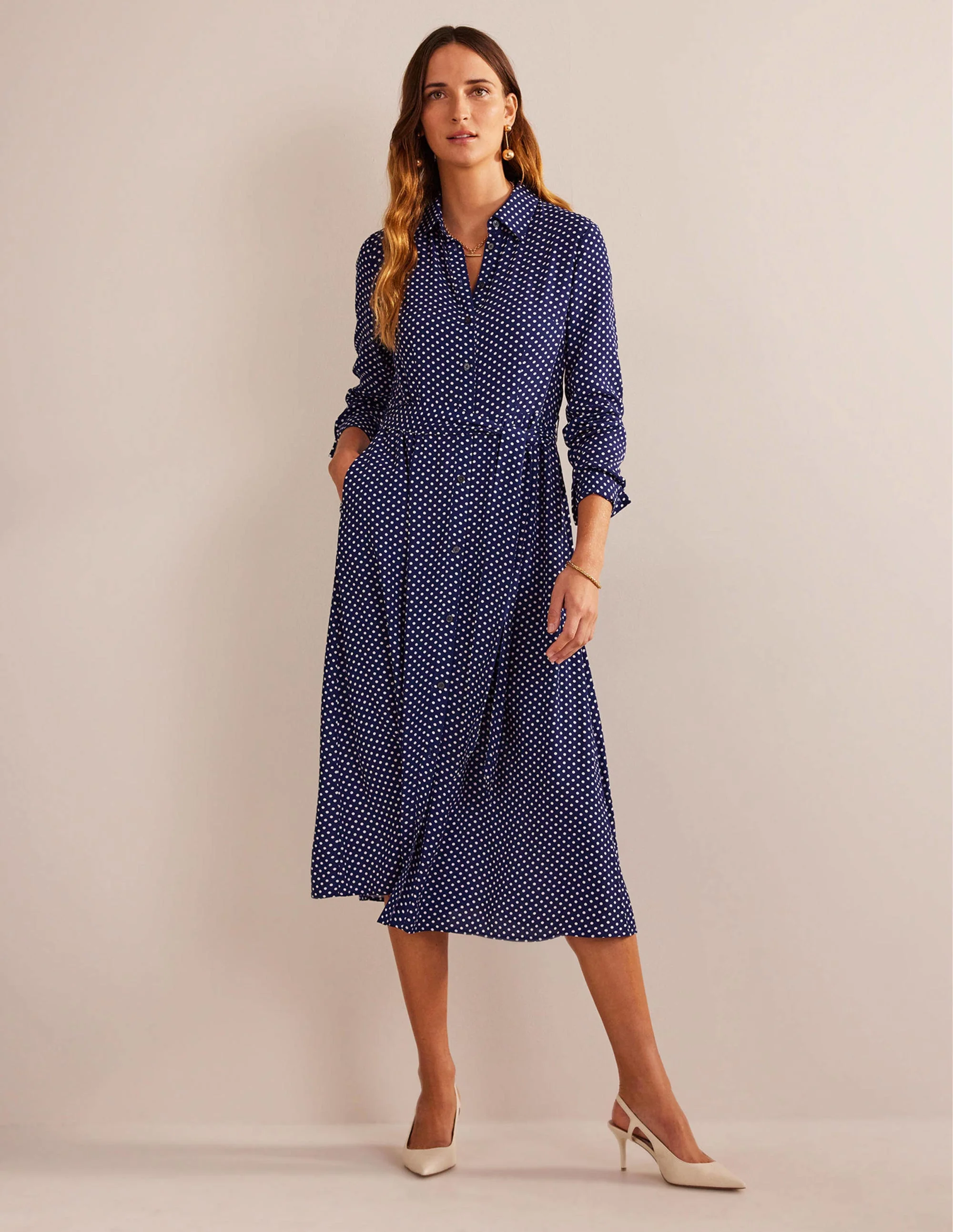 Kate Midi-Hemdblusenkleid-Marineblau, Gepunktet - Image 5