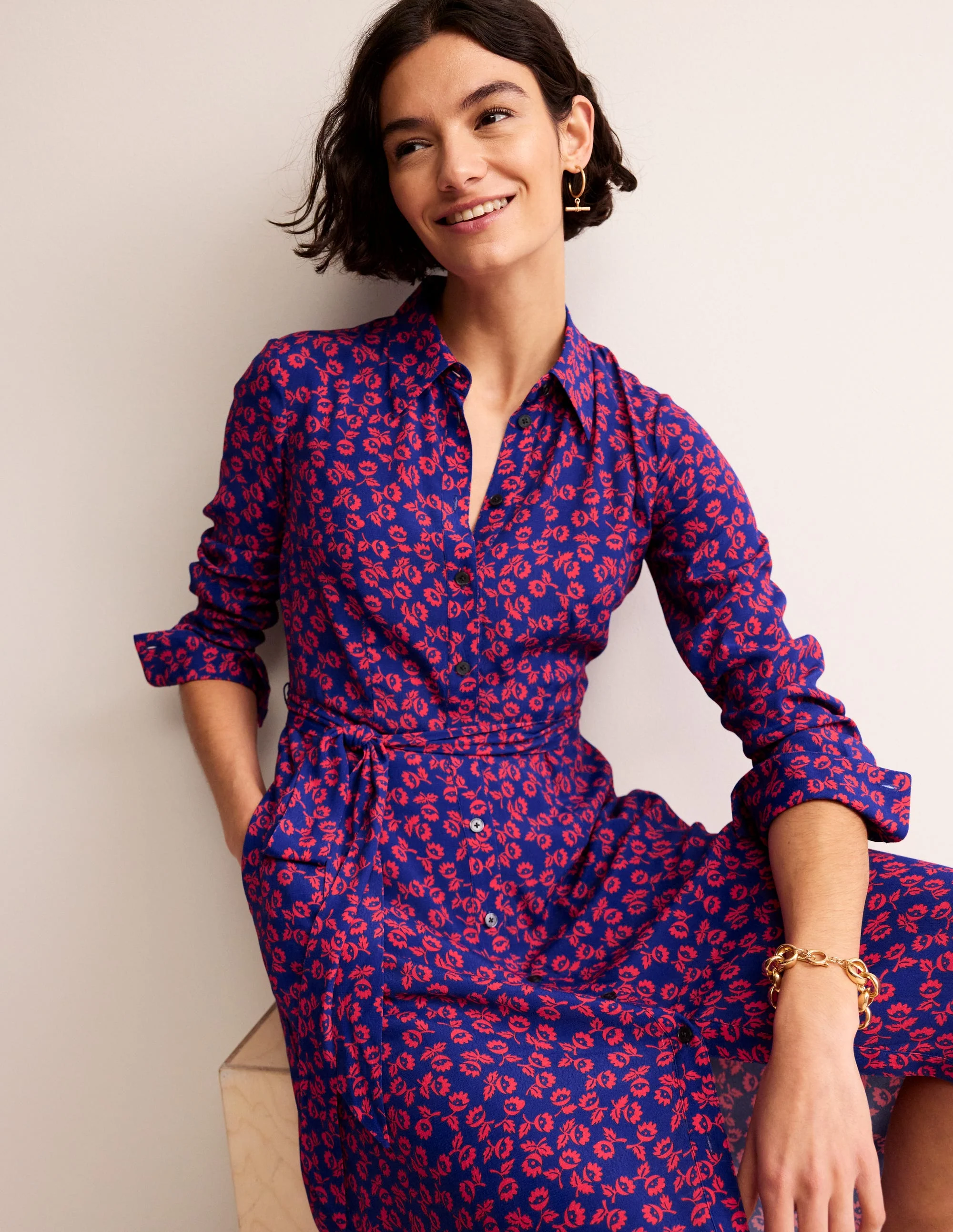 Kate Midi-Hemdblusenkleid-Mohnblumenrot, Kleine Knospe