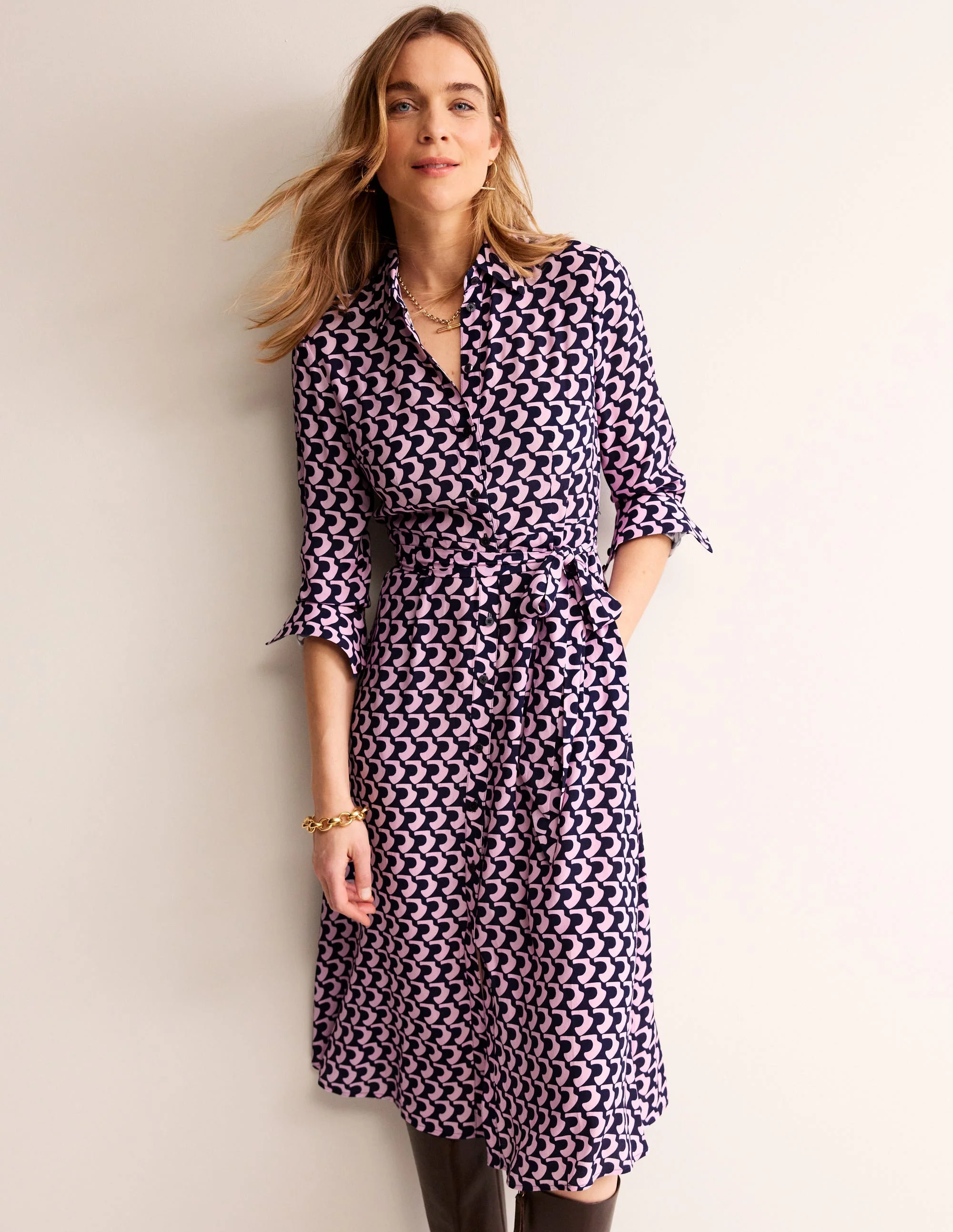Kate Midi-Hemdblusenkleid-Orchidee Rosa, Bogen Geo - Image 4