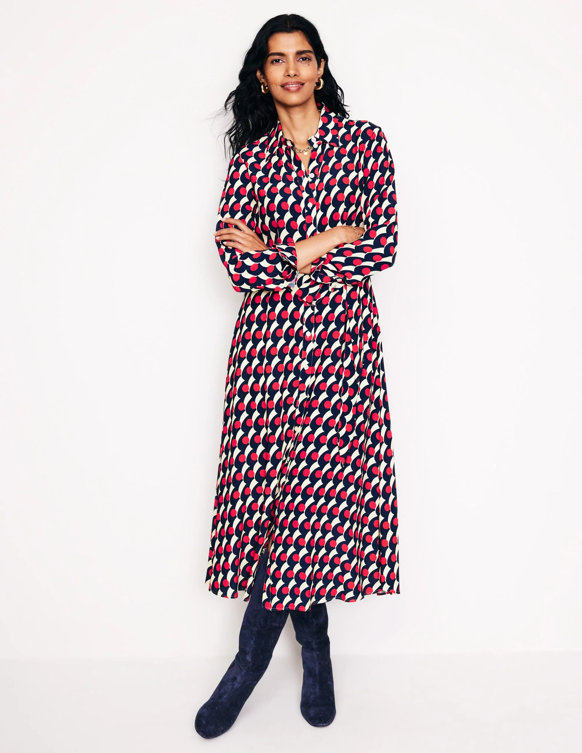 Kate Midi-Hemdblusenkleid-Rot, Polka-Welle - Image 2