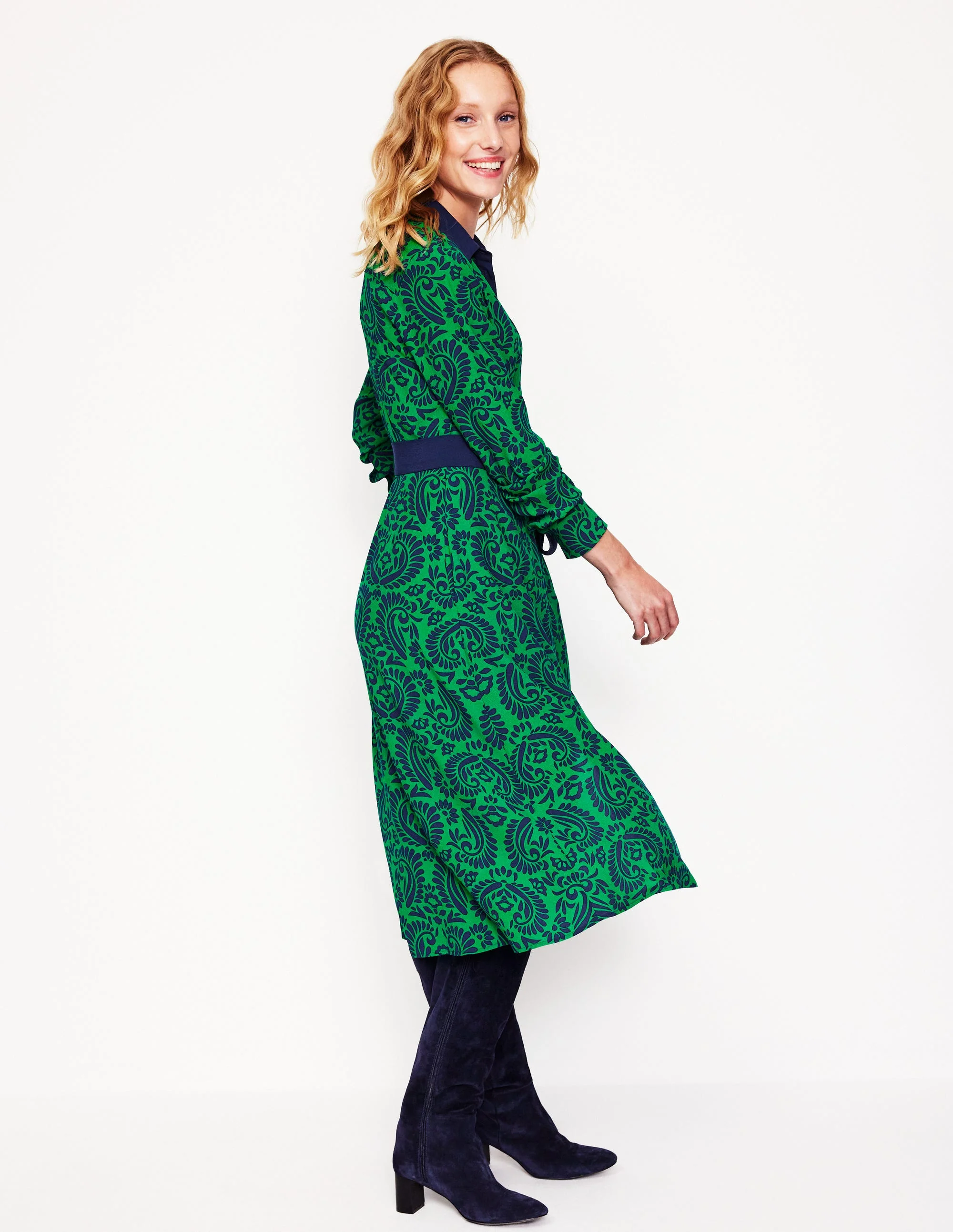 Kate Midi-Hemdblusenkleid-Smaragdgrün, dekorative Flora - Image 4