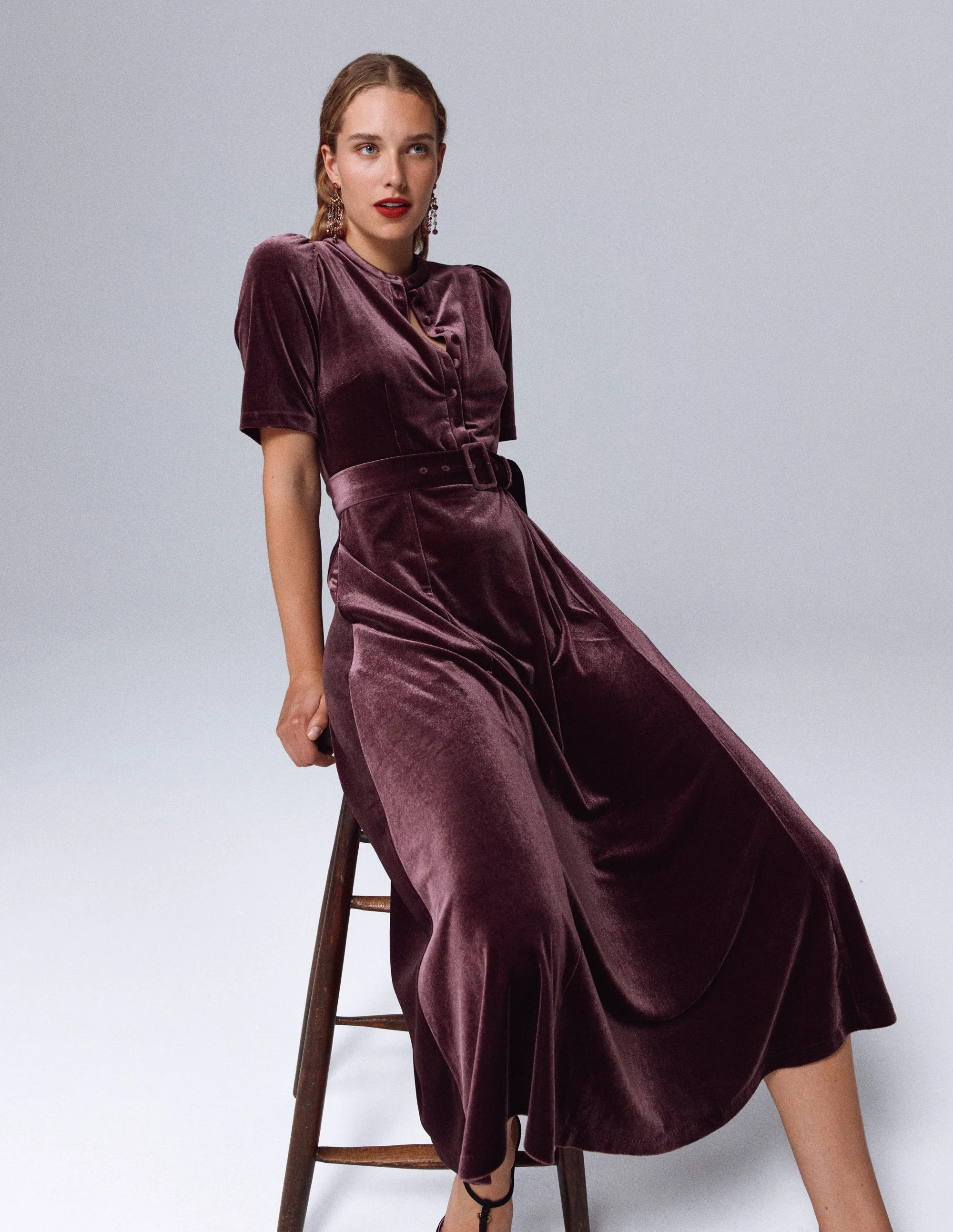 Kate Samt-Hemdblusenkleid-Dunkle Kirsche - Image 5