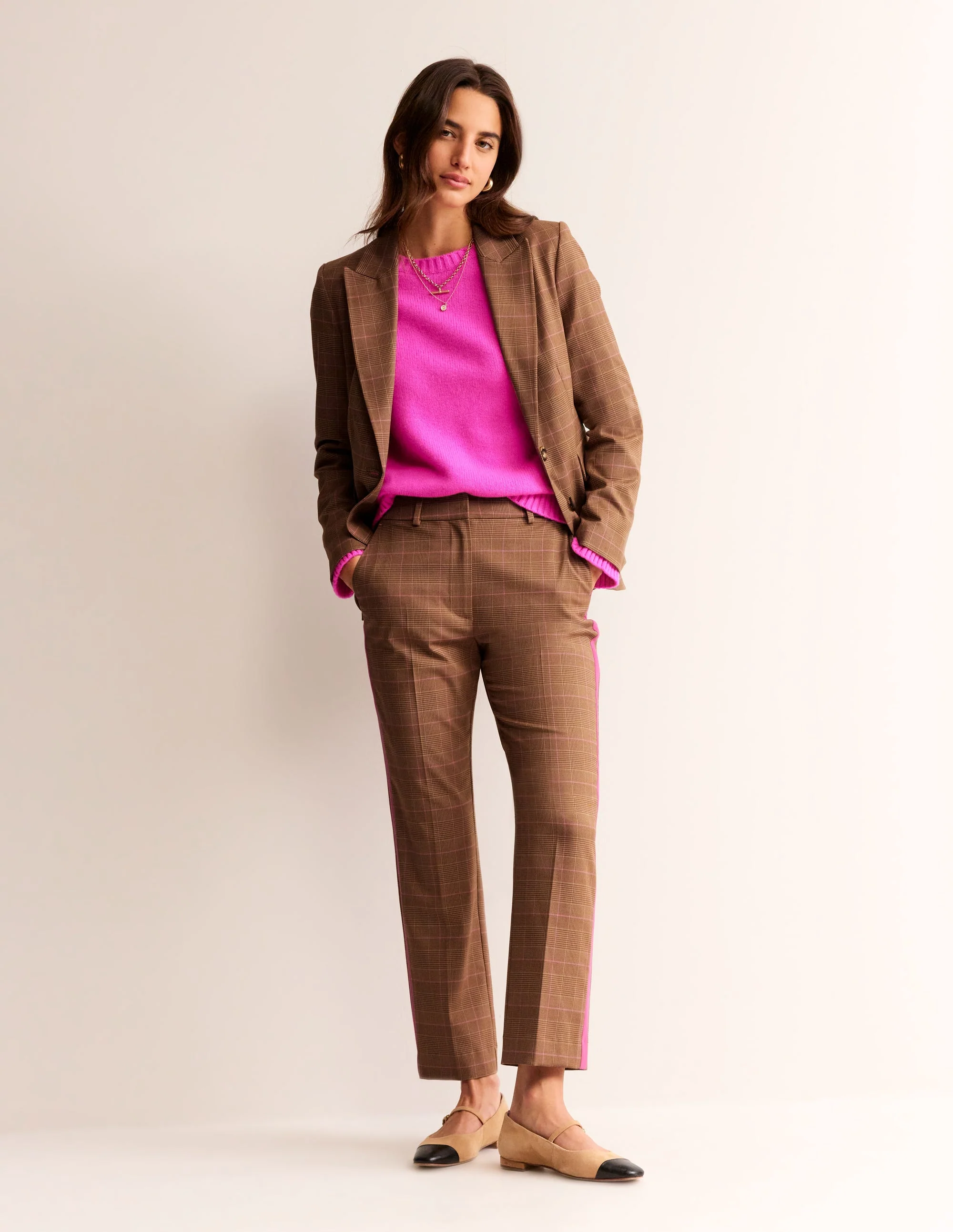Kew Karierte Hose mit seitlichen Streifen-Braun und Pink kariert