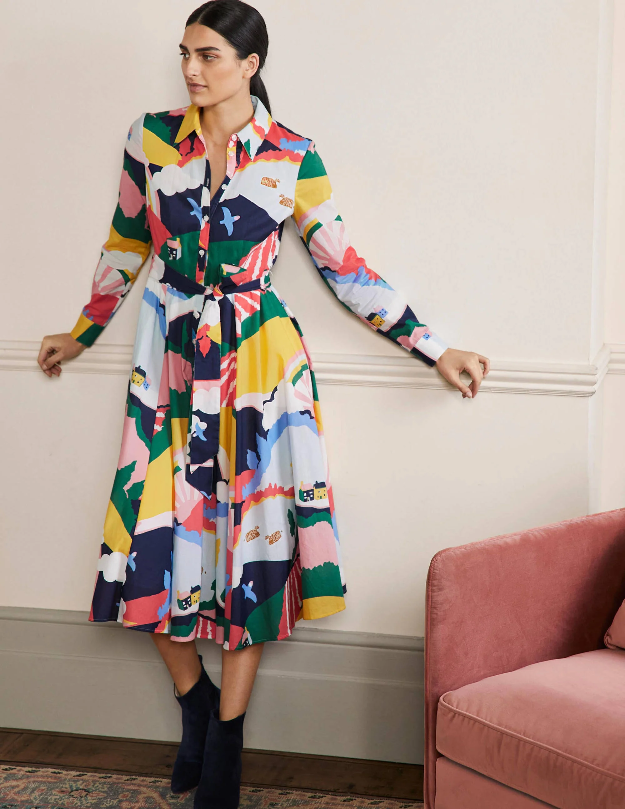 Kitty Midi-Hemdblusenkleid-Französisches Navy, Wiesenszene