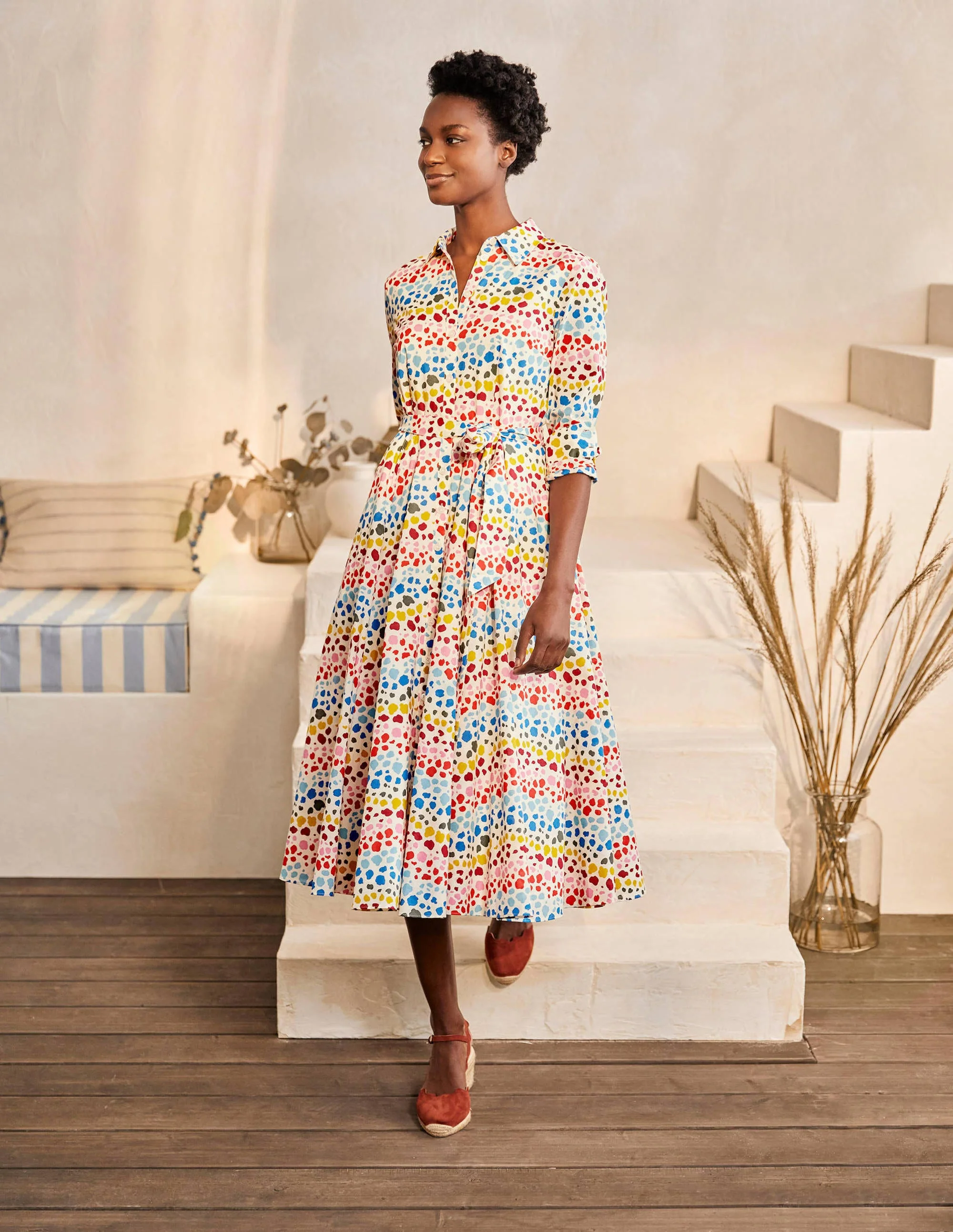 Kitty Midi-Hemdblusenkleid-Naturweiß, Leopardentupfen in Regenbogenfarben