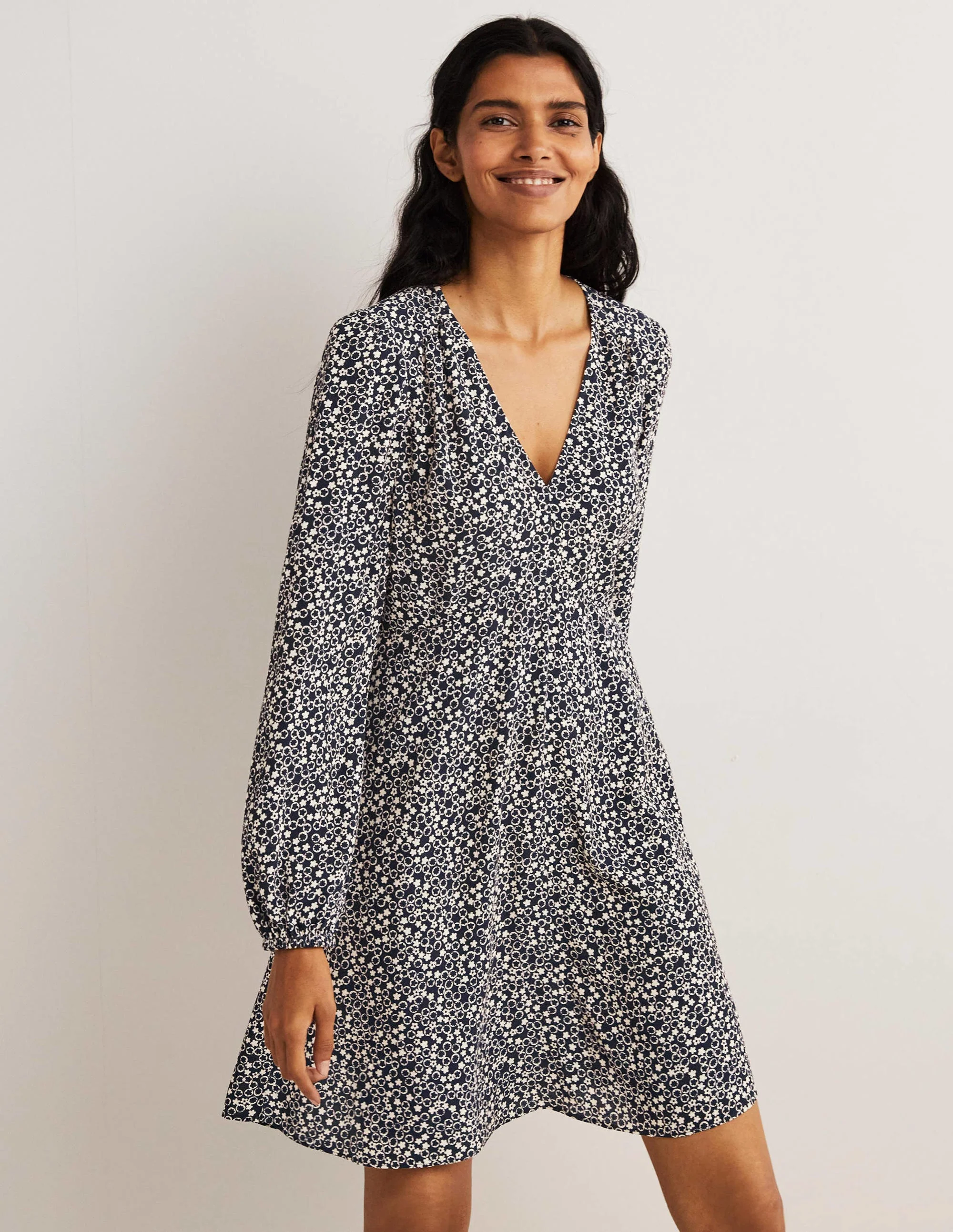 Kleid mit V-Ausschnitt-Französisches Navy, Blumenmuster