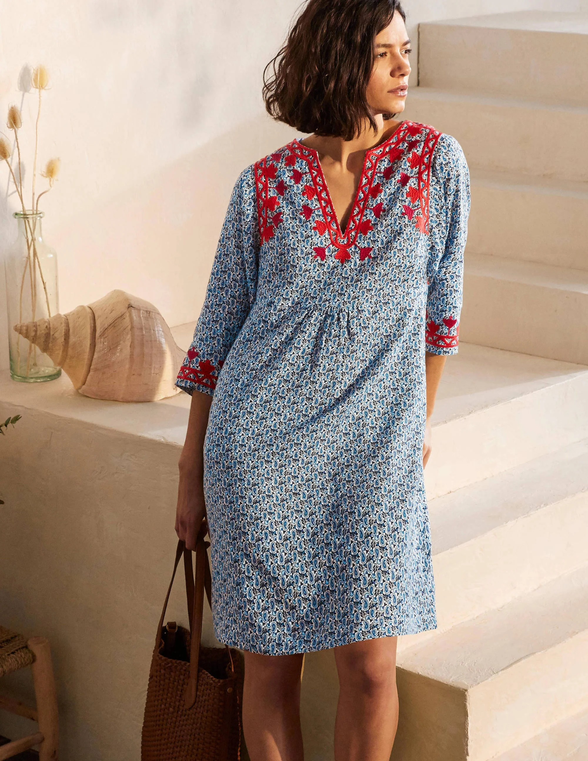 Kleid mit weiten Ärmeln und Stickerei-Naturweiß, Paisleymuster - Image 5