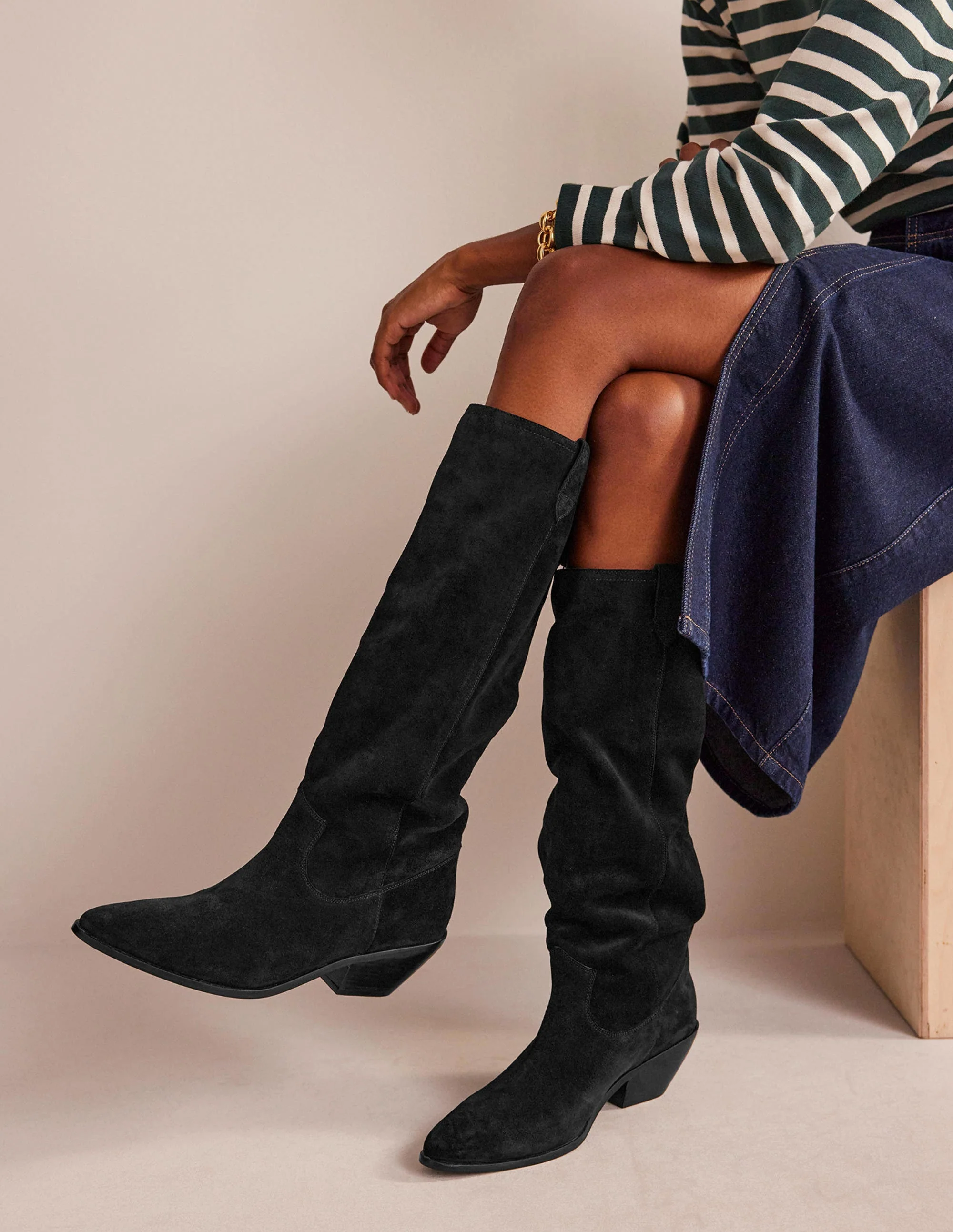 Kniehohe Westernstiefel-Schwarz Veloursleder