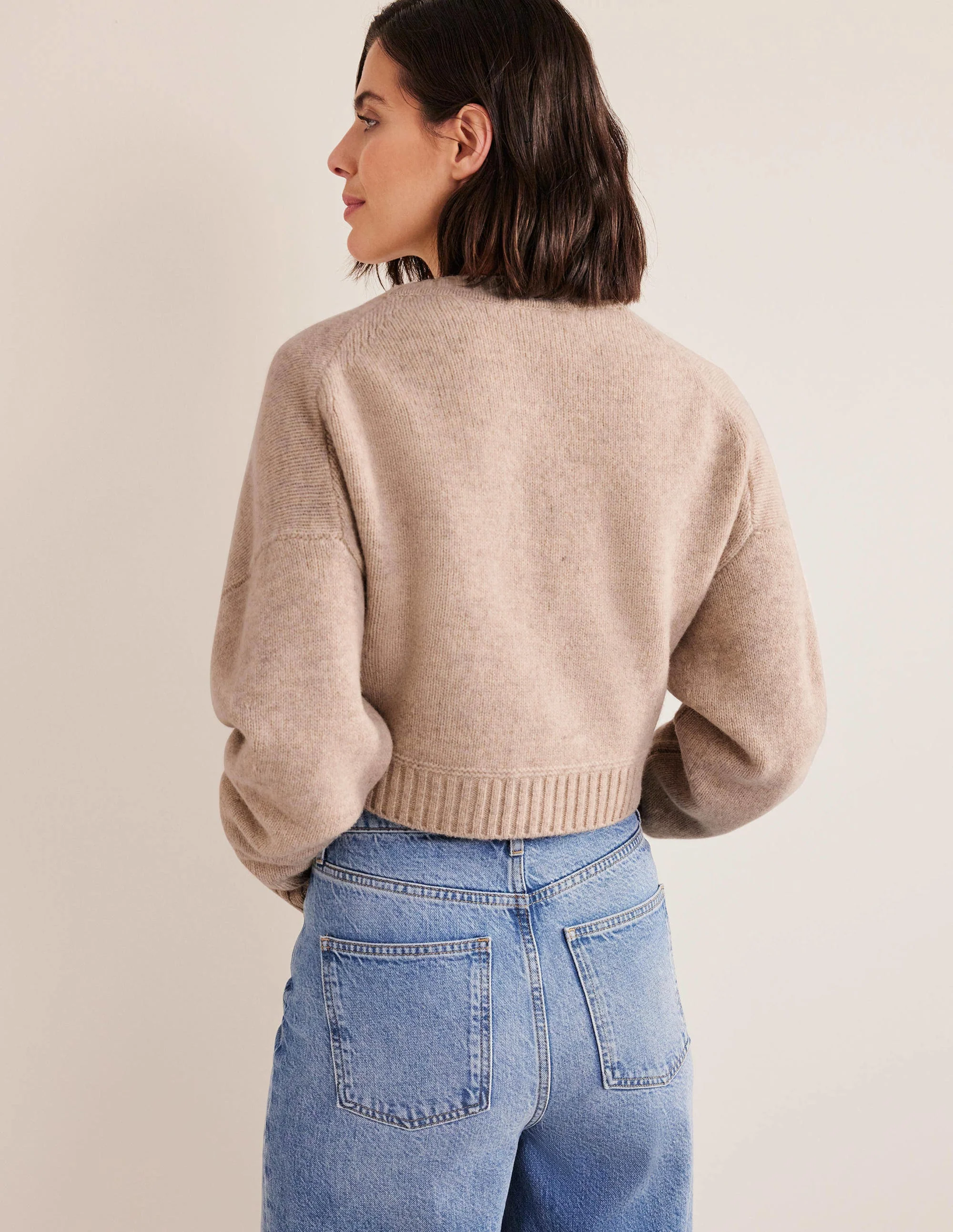 Kurz geschnittener Cardigan aus gebürsteter Wolle-Hellbeige Melange - Image 3