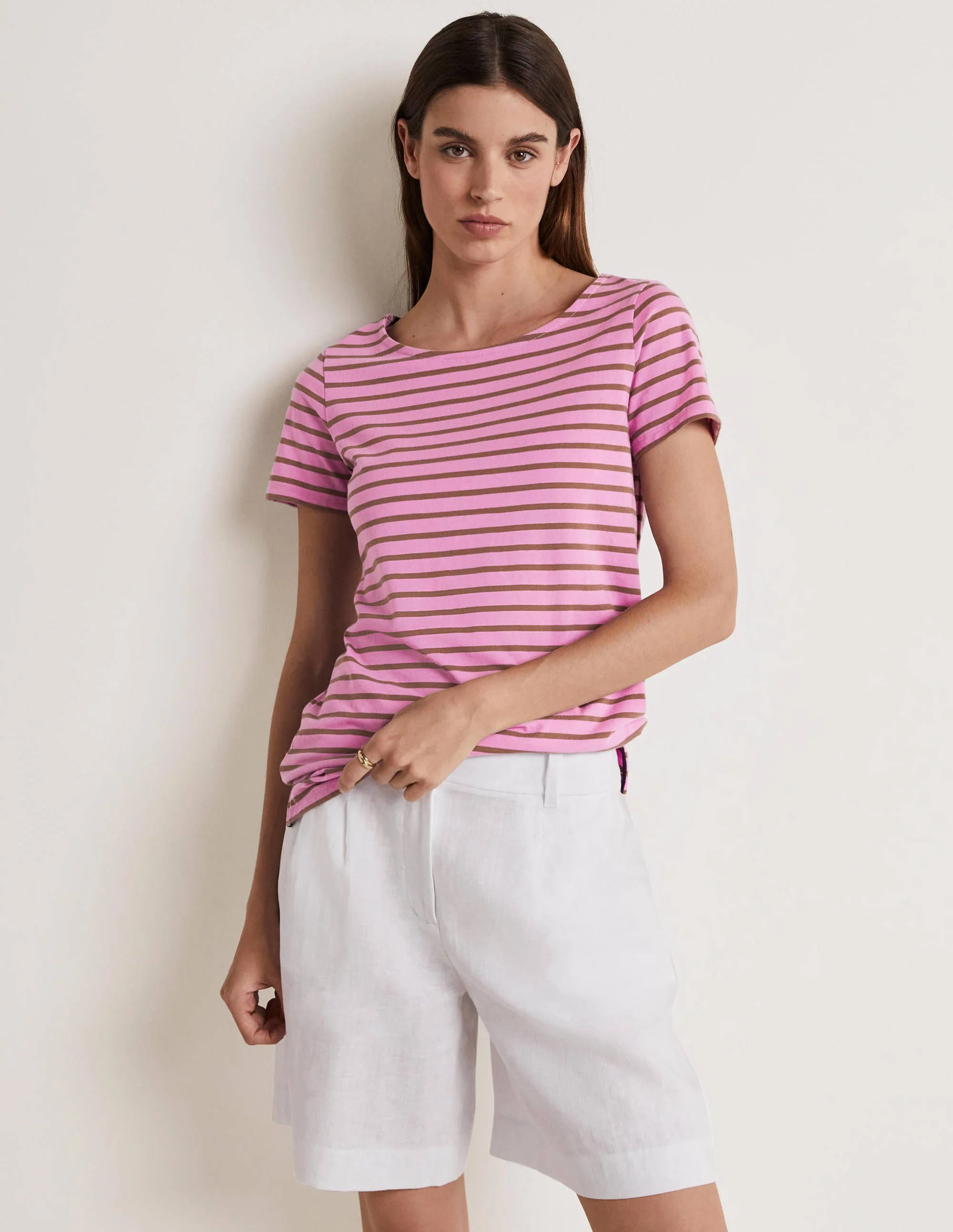 Kurzärmliges Bretonshirt-Violett/Eichelbraun, Gestreift