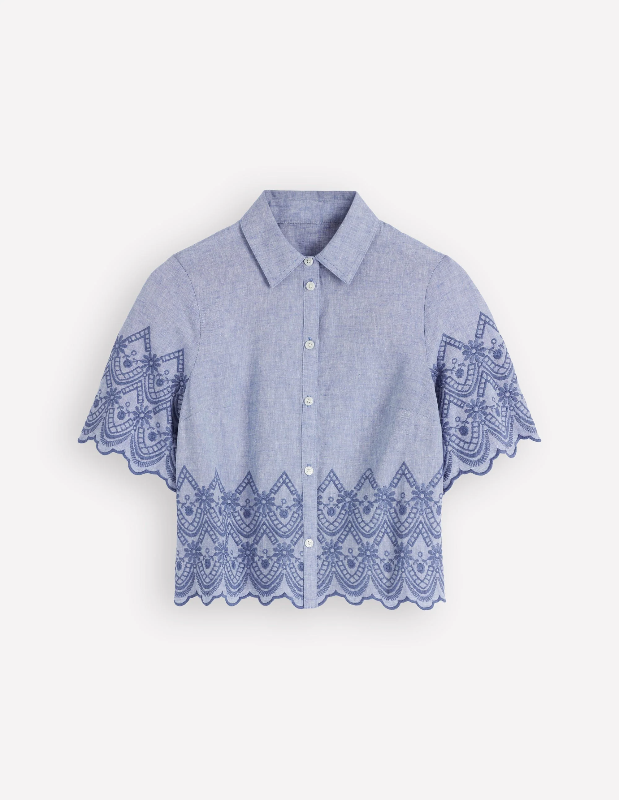 Kurzärmliges Hemd mit Lochstickerei-Blauer Faux-Uni - Image 5