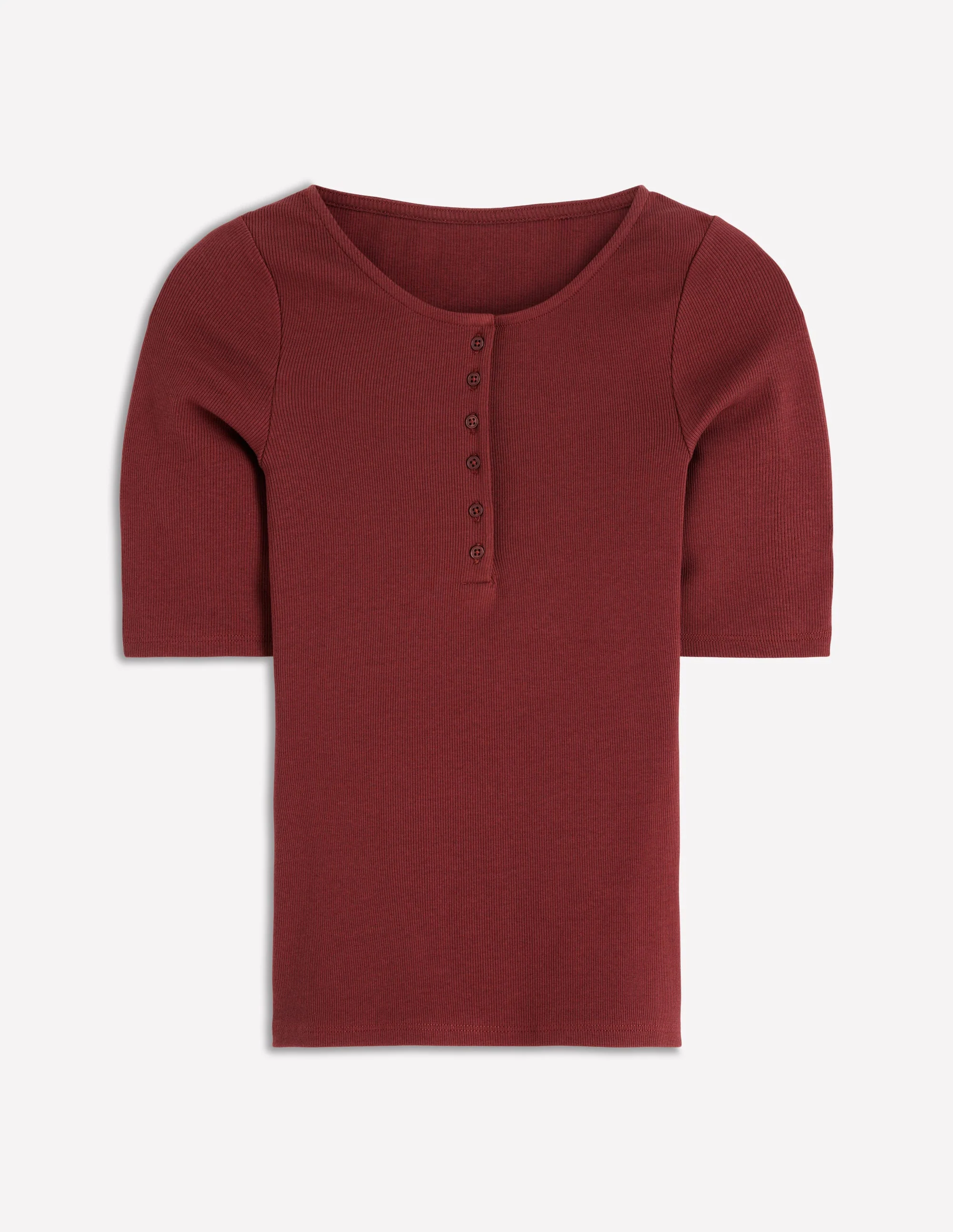 Kurzärmliges Henley-Shirt aus Rippstrick-Rostbraun - Image 6