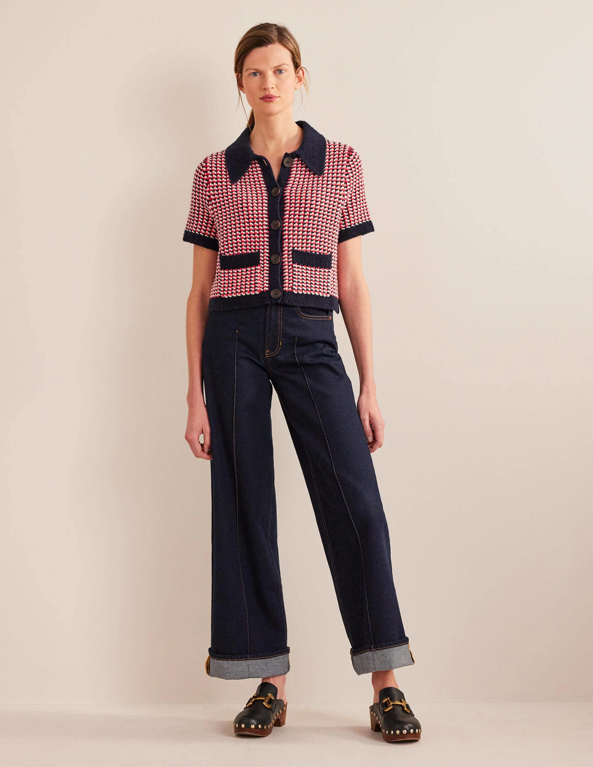 Kurzarm-Cardigan mit geometrischem Muster-Rot, Geometrisches Jacquardmuster - Image 5