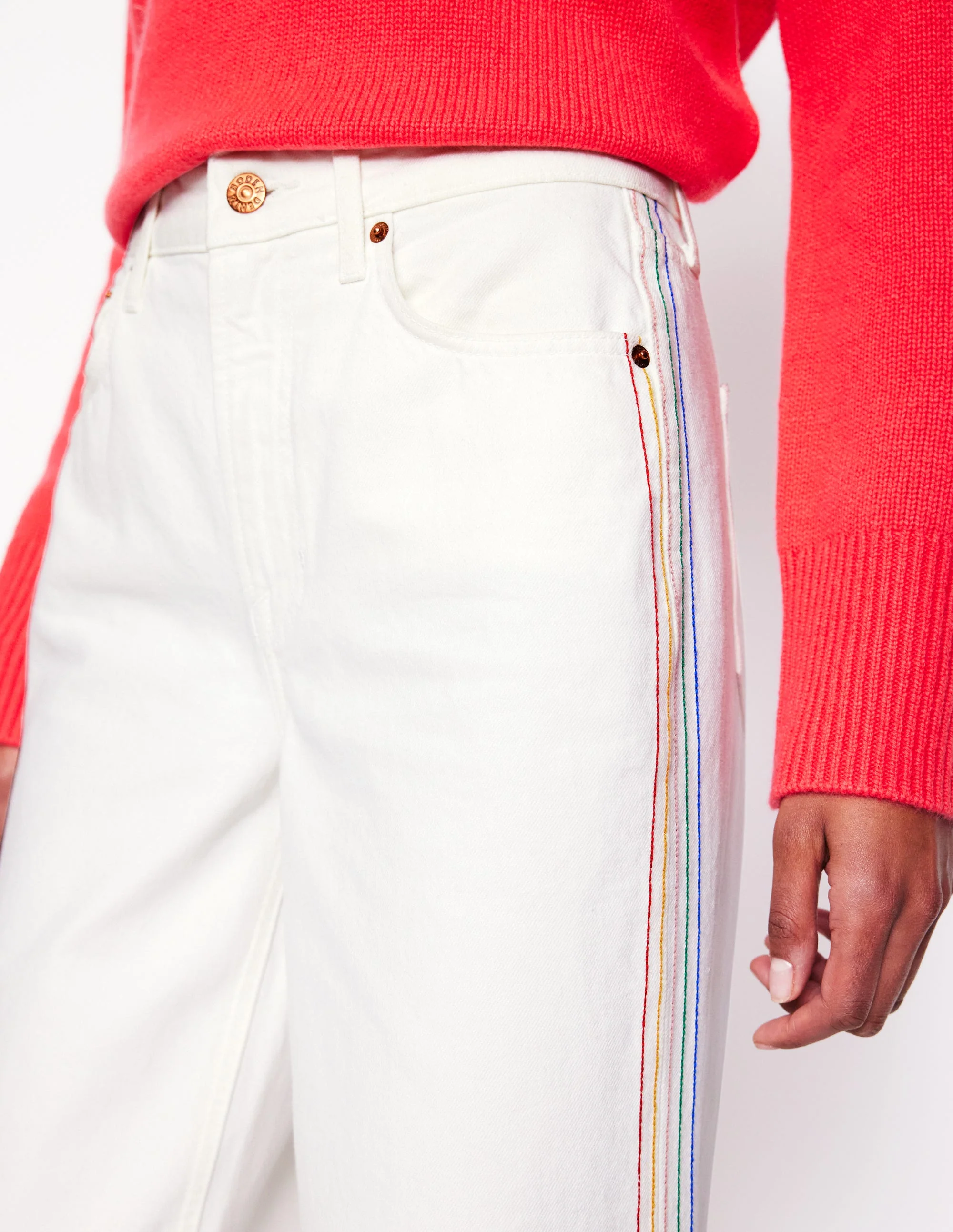 Kurze Jeans mit hohem Bund und geradem Beinschnitt-Cremeweiß mit Stickerei - Image 3