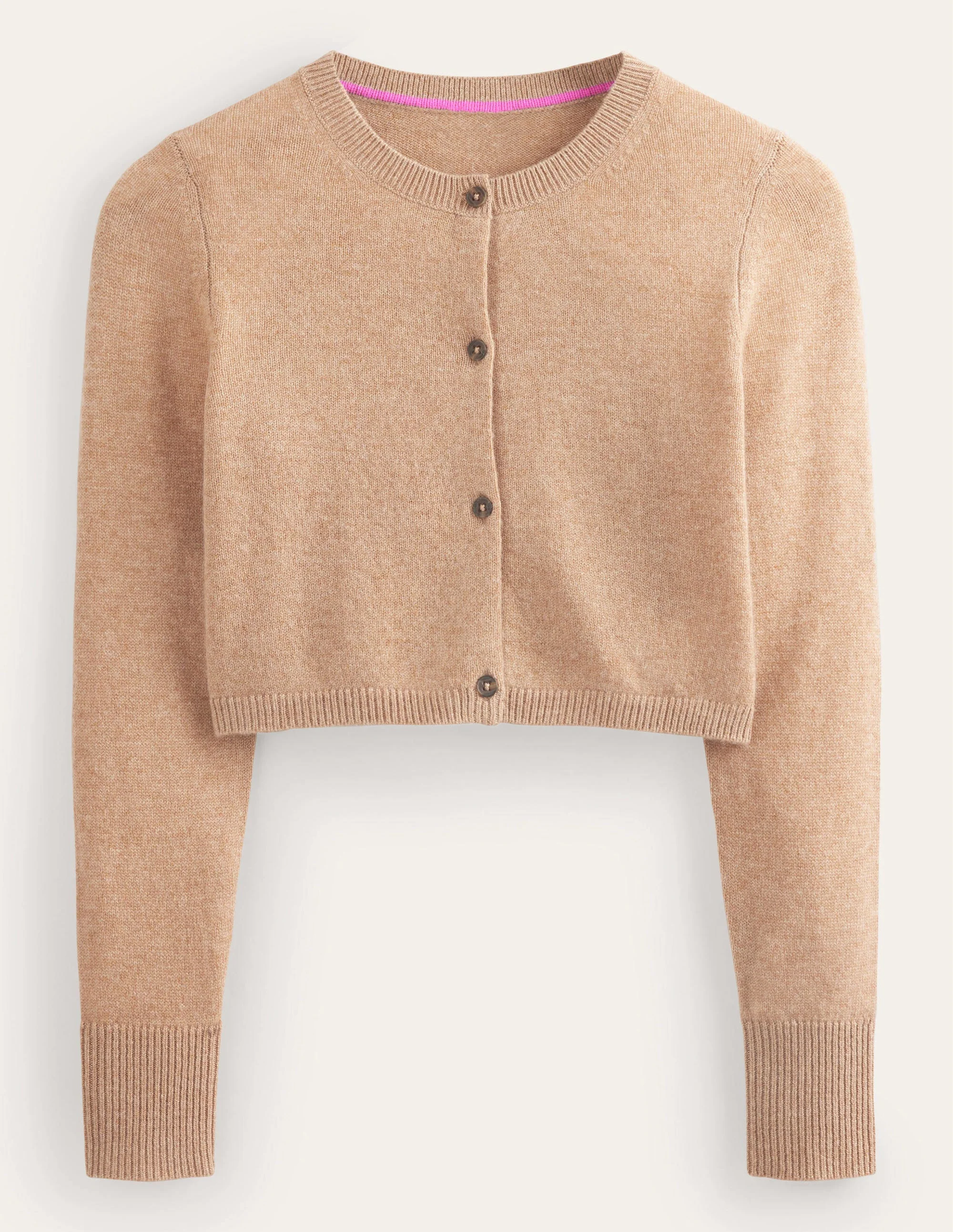Kurze Strickjacke aus Kaschmir mit Rundhalsausschnitt-Kamelbraun Melange - Image 6